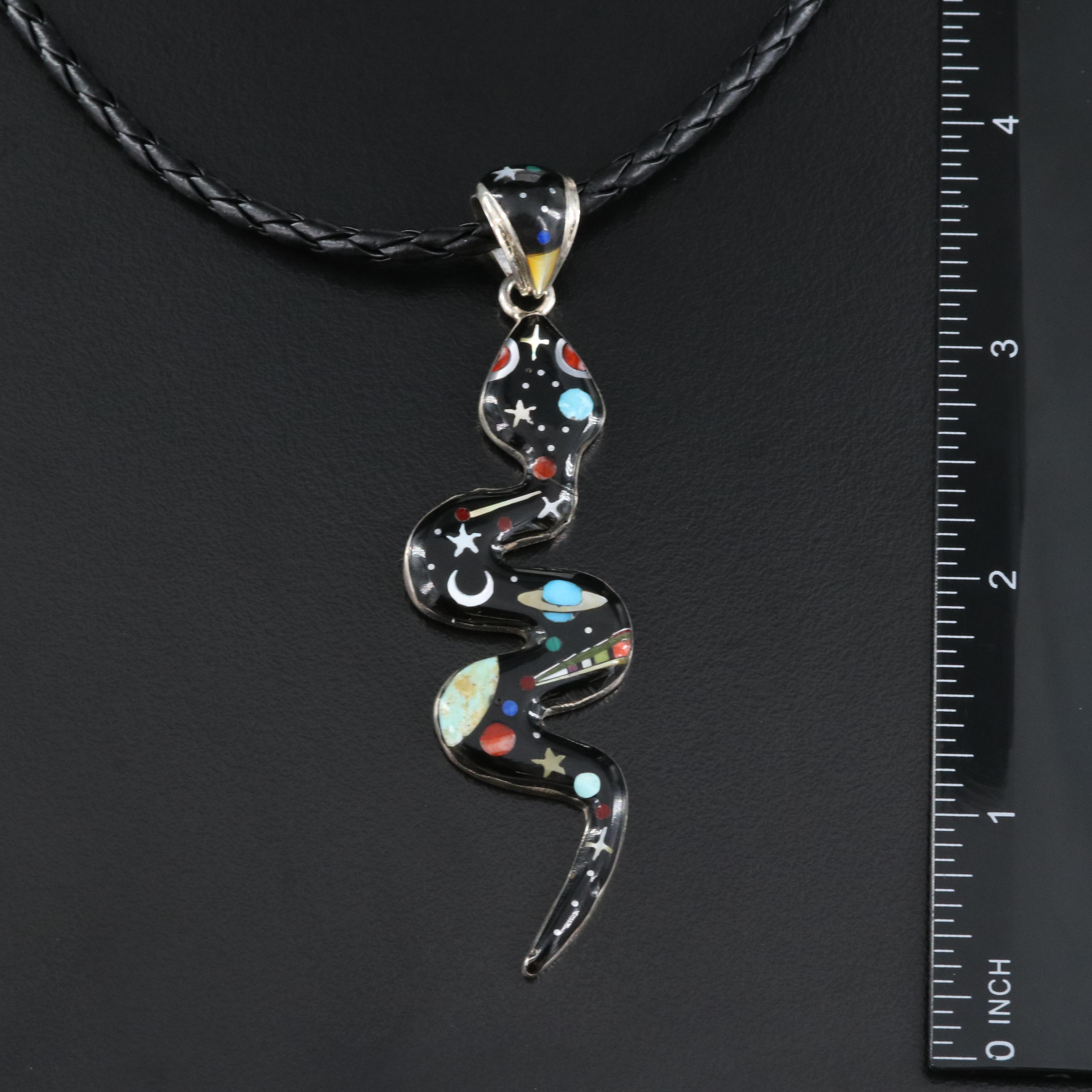 Sterling Snake Necklace Including Mother-of-Pearl, Turquoise and Spiny Oyster