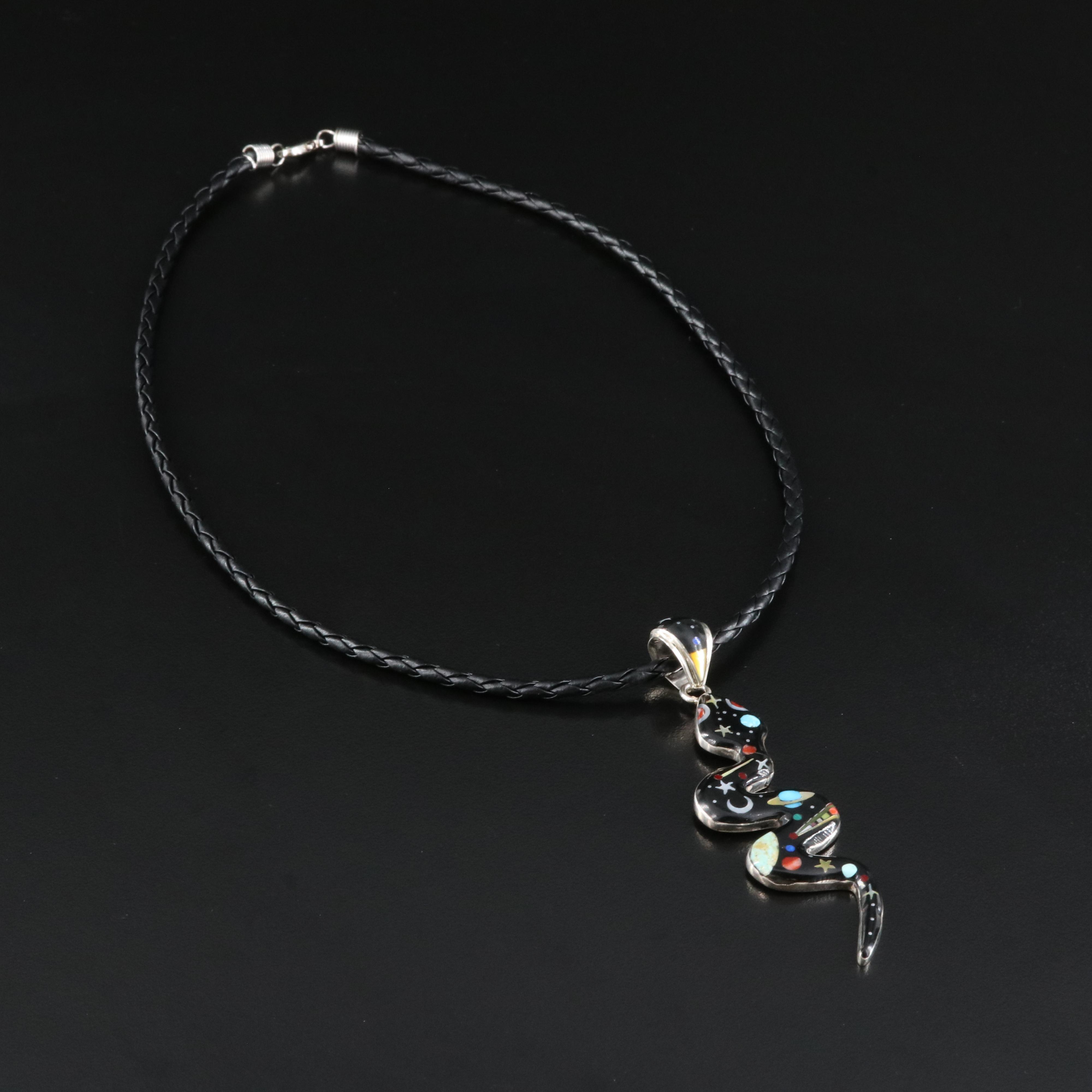 Sterling Snake Necklace Including Mother-of-Pearl, Turquoise and Spiny Oyster