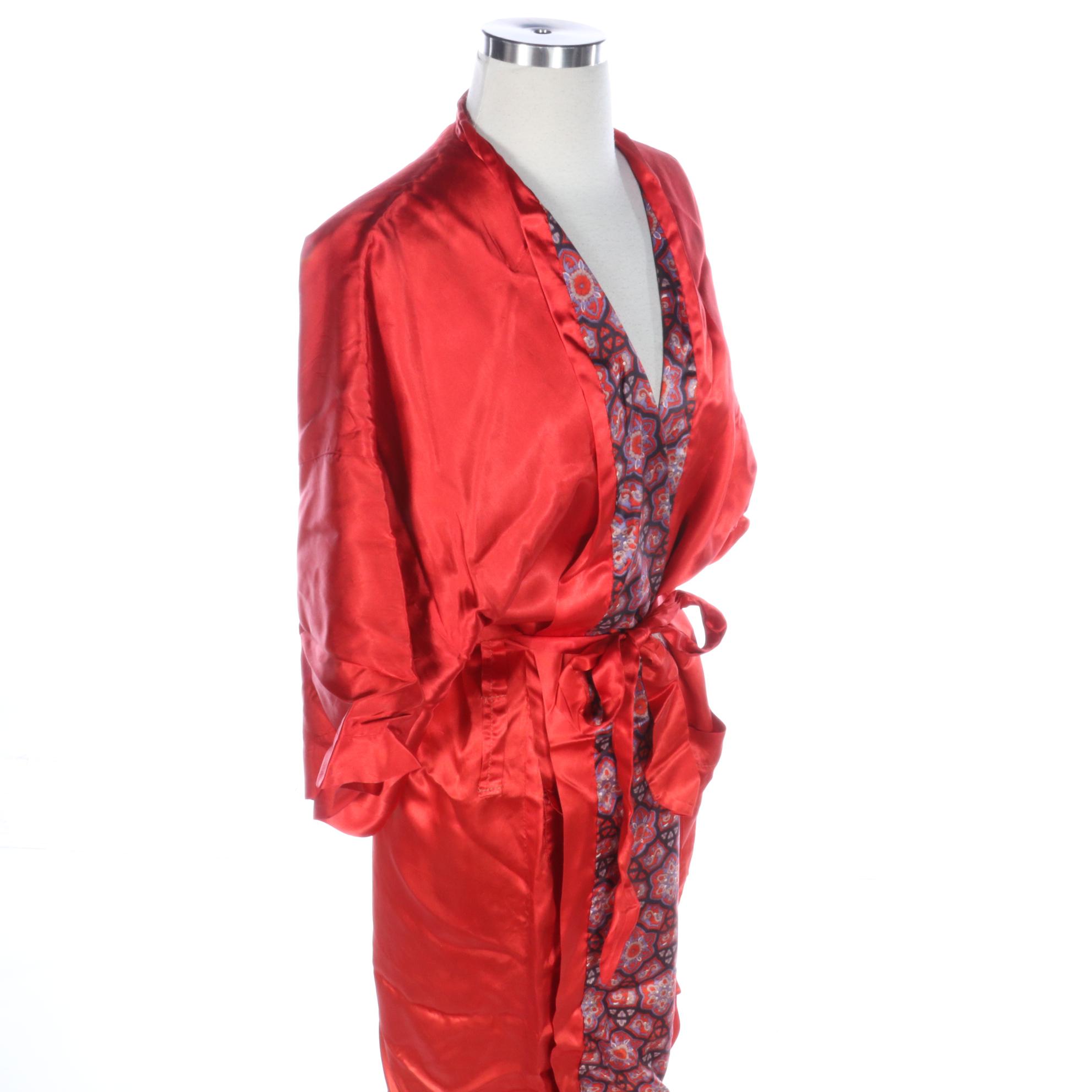 Silk Wrap Robe in Kimono Style with Print Lining