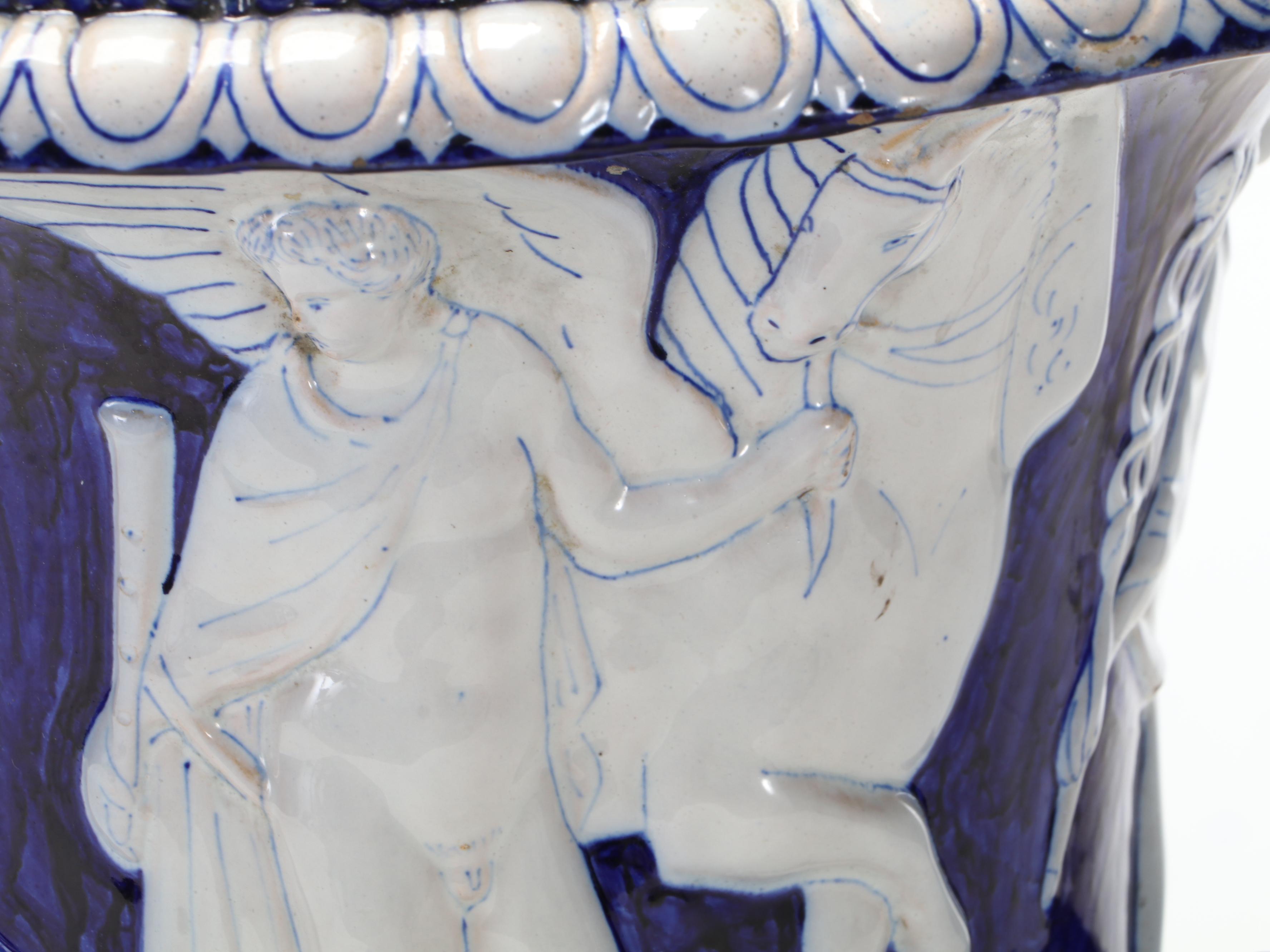 Cobalt and White Neoclassical Frieze Pedestal Urn