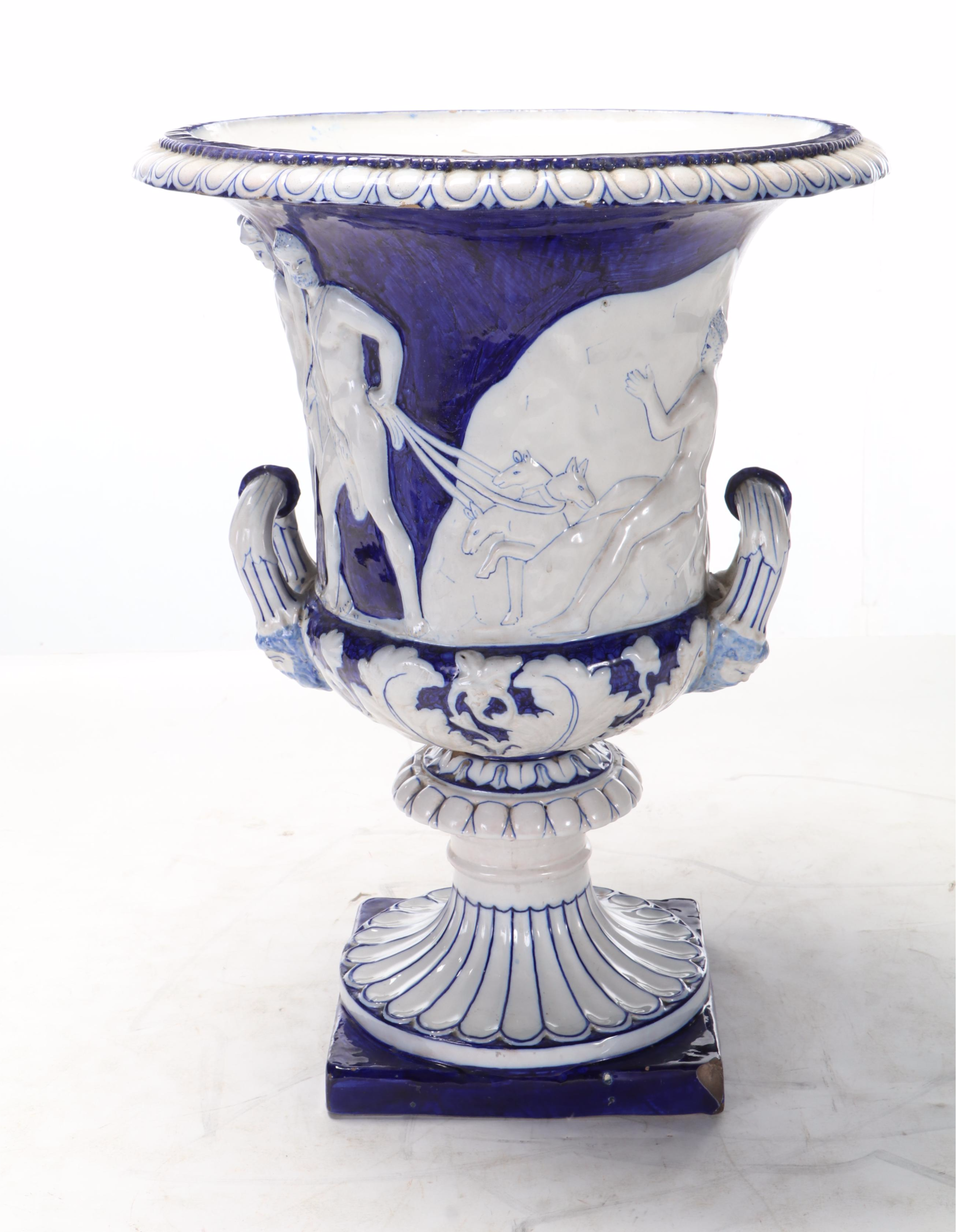 Cobalt and White Neoclassical Frieze Pedestal Urn