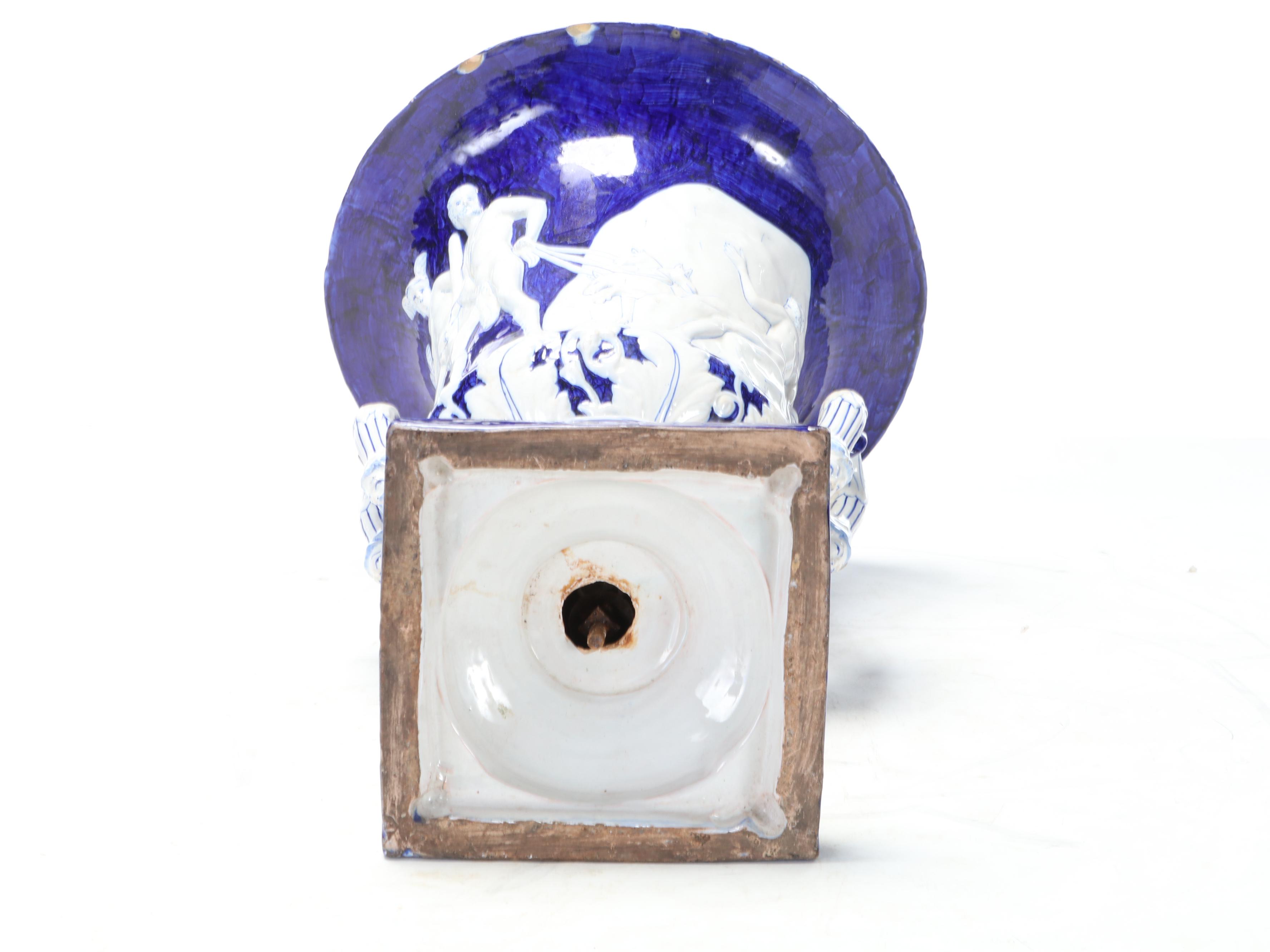 Cobalt and White Neoclassical Frieze Pedestal Urn