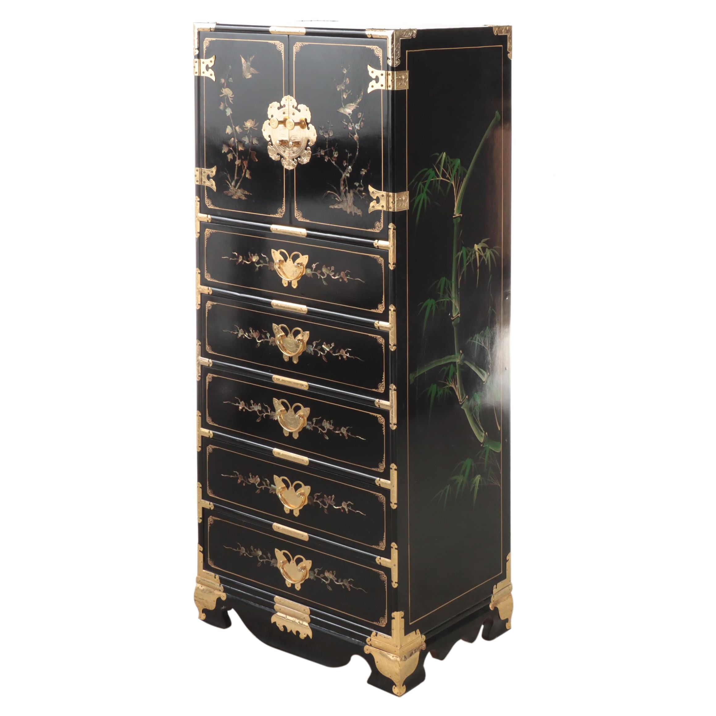 Chinese Black Lacquer Chest of Drawers with Butterfly Shape Pulls