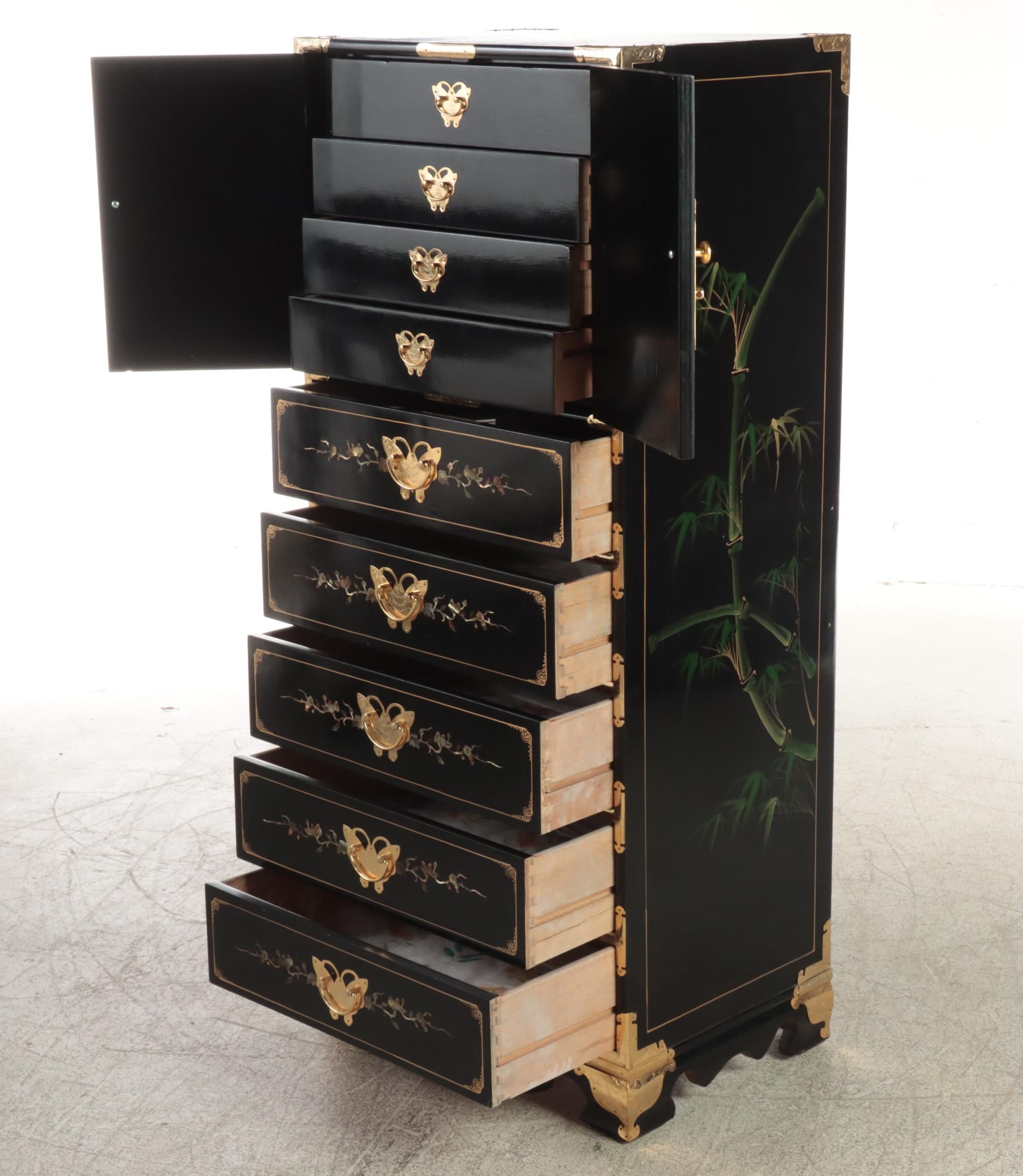Chinese Black Lacquer Chest of Drawers with Butterfly Shape Pulls