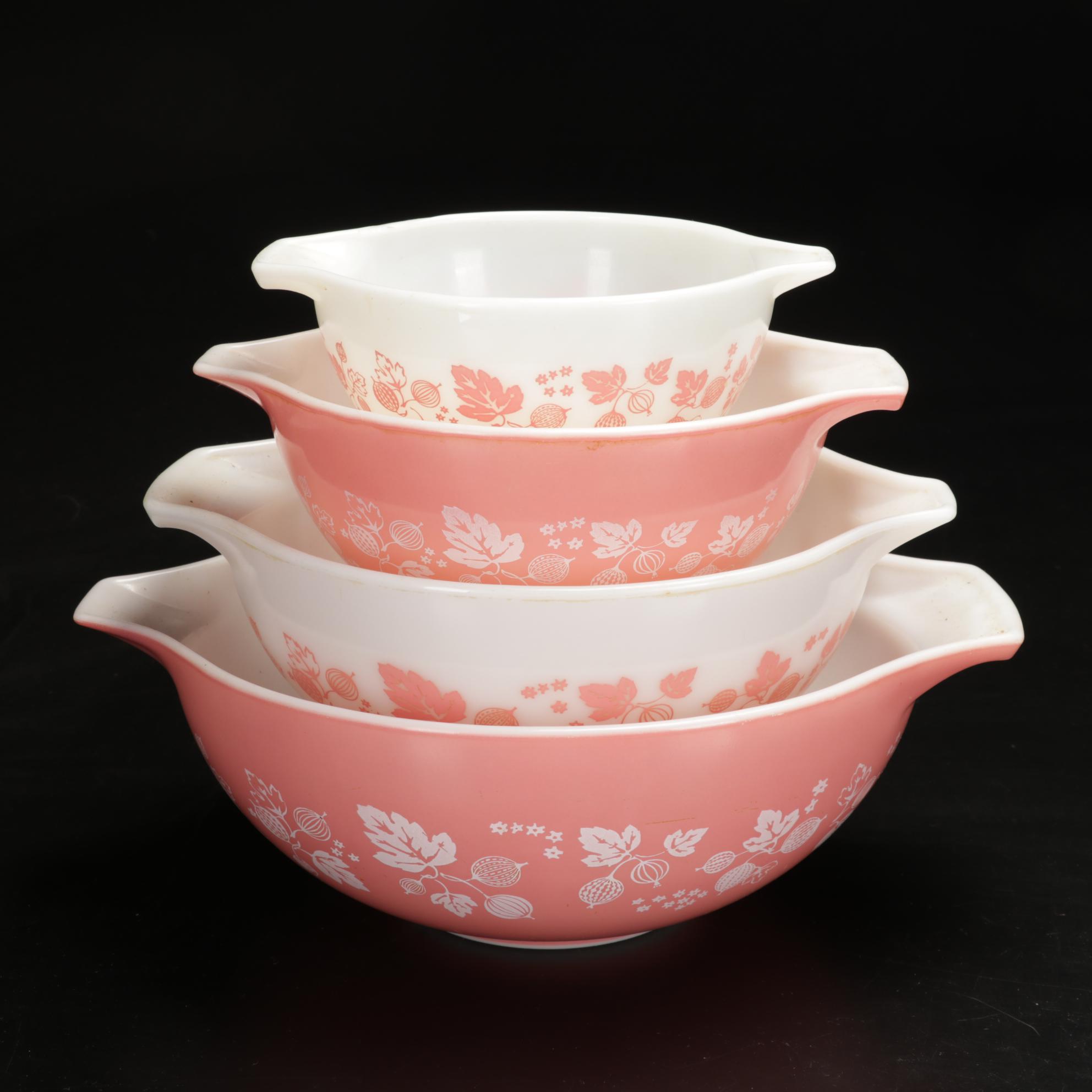 Pyrex "Gooseberry" Pink Cinderella Mixing Bowls with Other Tableware