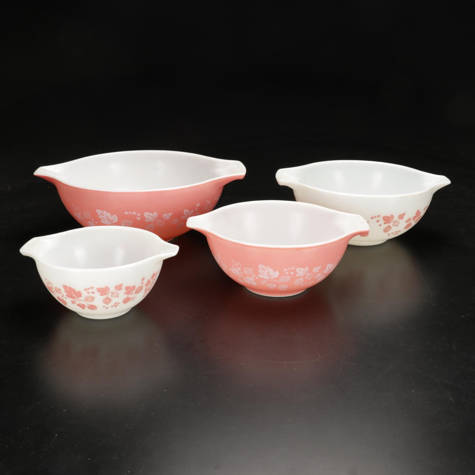 Pyrex "Gooseberry" Pink Cinderella Mixing Bowls with Other Tableware