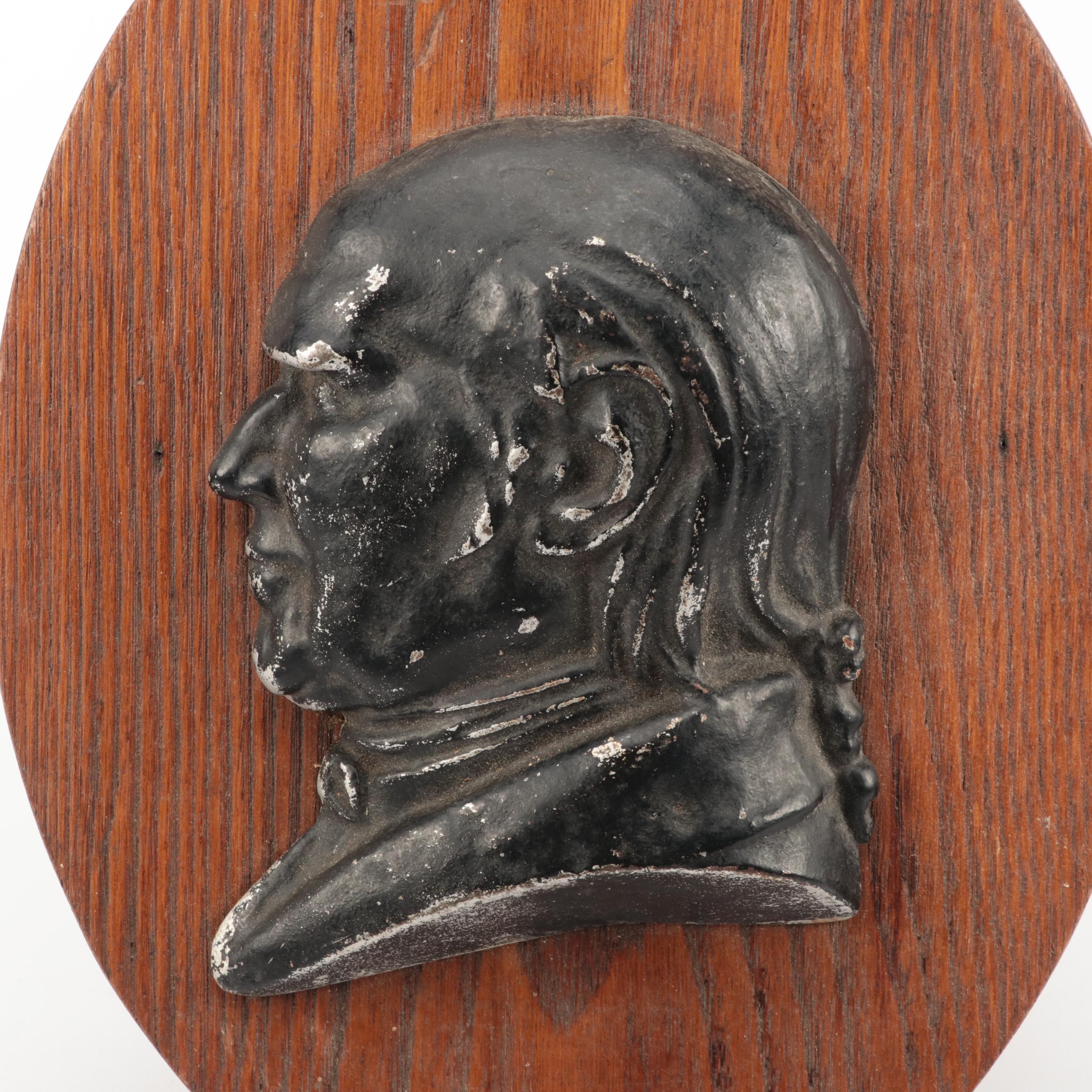 Cast Spelter John Quincy Adams Silhouette on Oak Plaque, Mid to Late 20th C.