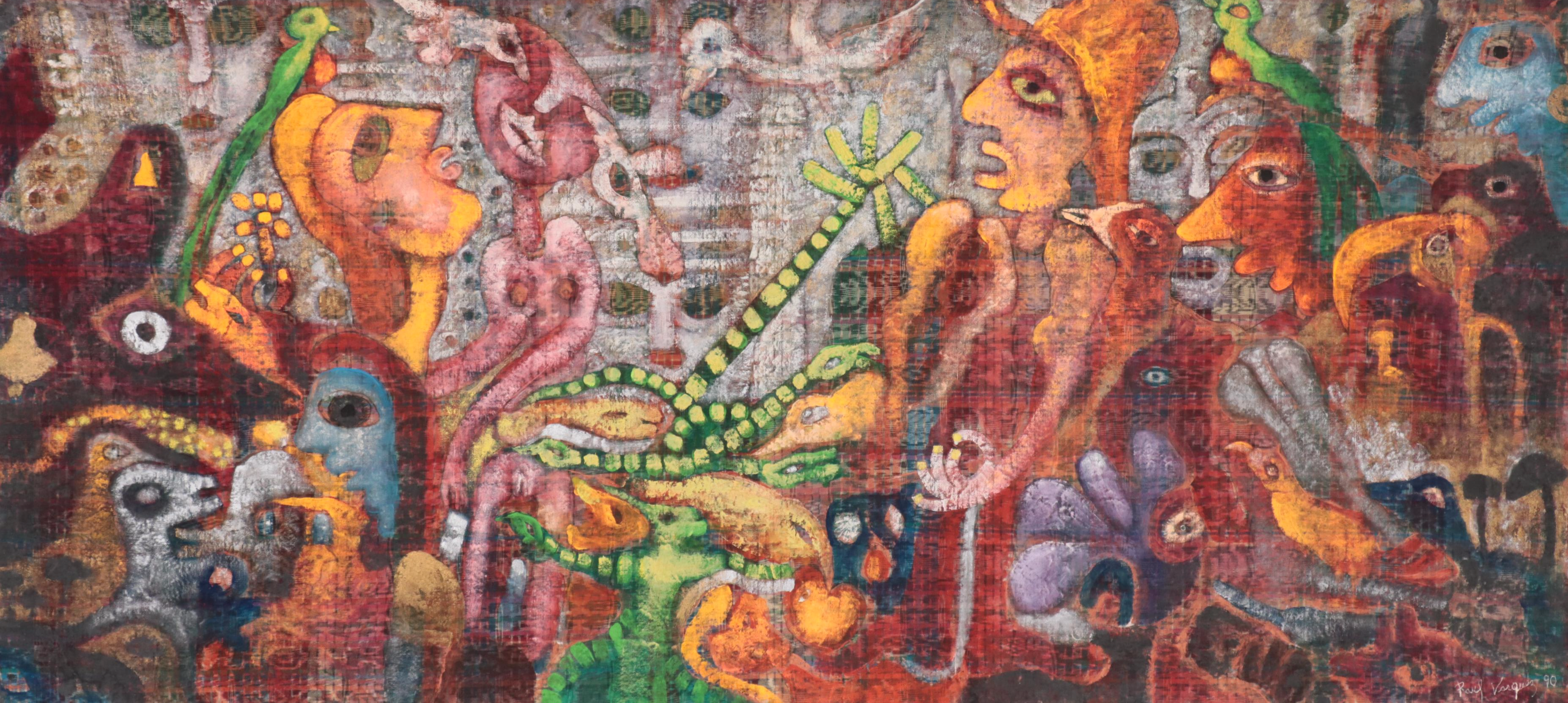 Raul Vasquez Saez Oil Painting of a Figurative Scene with Birds, 1990