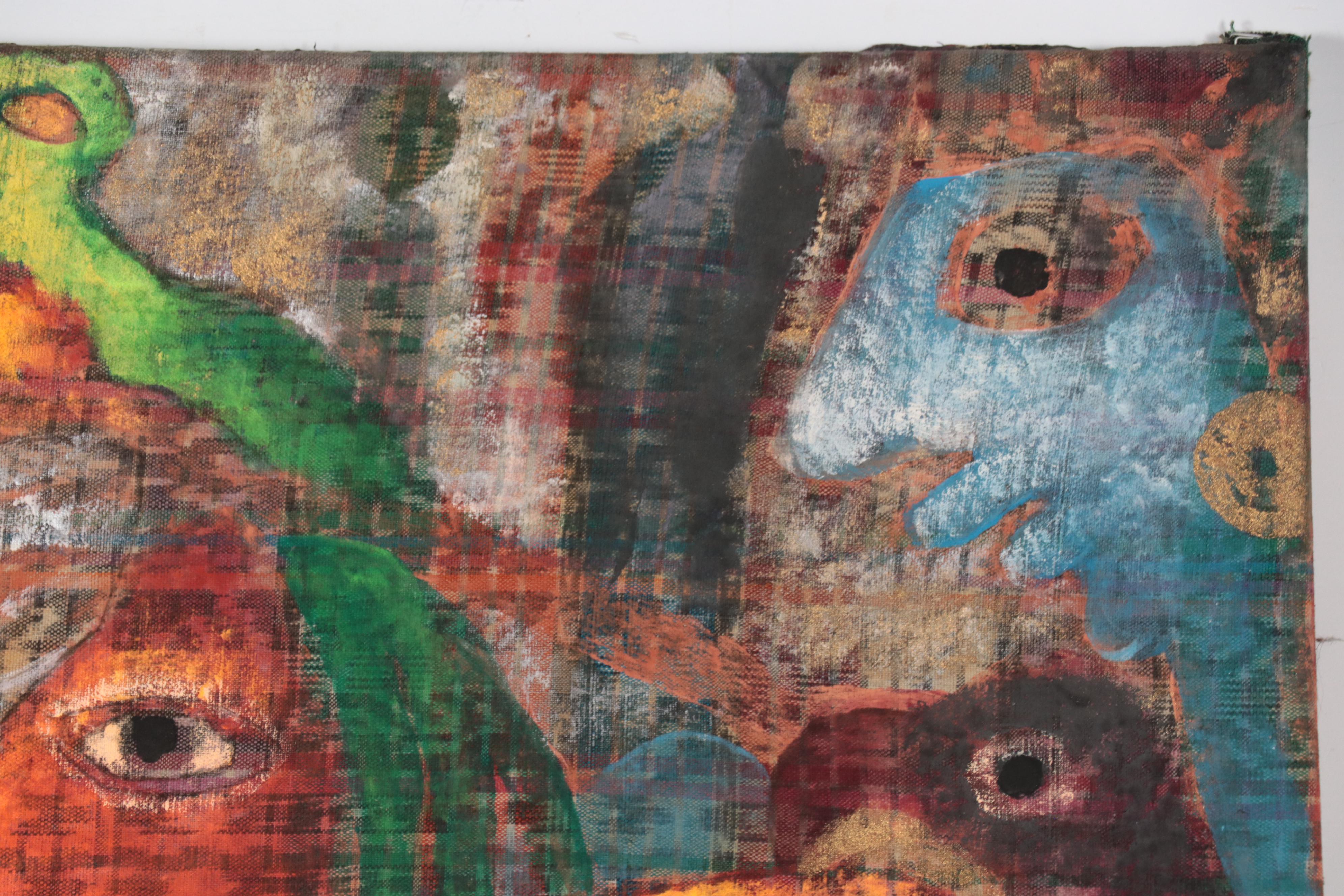 Raul Vasquez Saez Oil Painting of a Figurative Scene with Birds, 1990