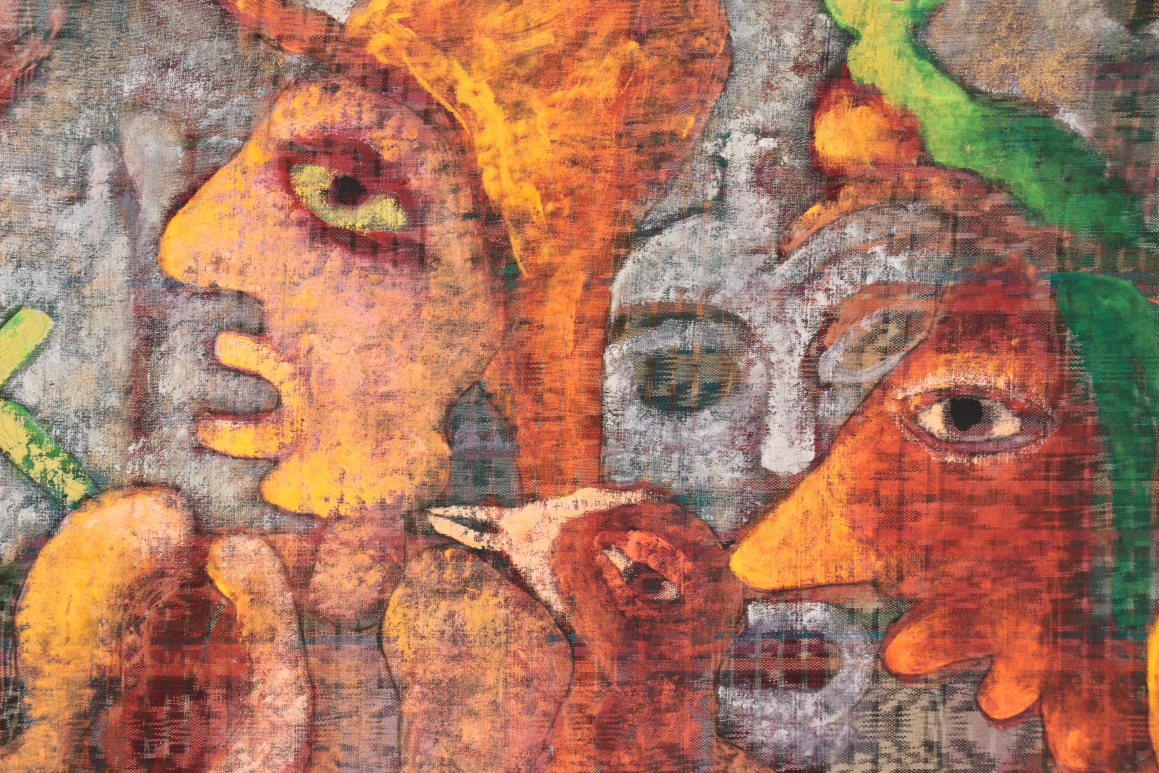 Raul Vasquez Saez Oil Painting of a Figurative Scene with Birds, 1990