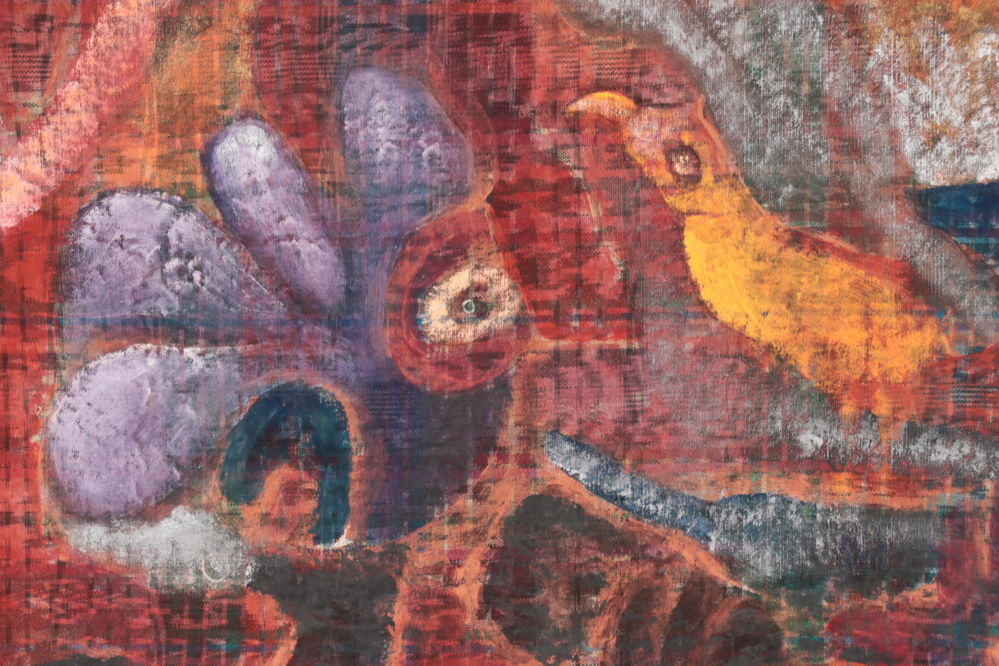 Raul Vasquez Saez Oil Painting of a Figurative Scene with Birds, 1990