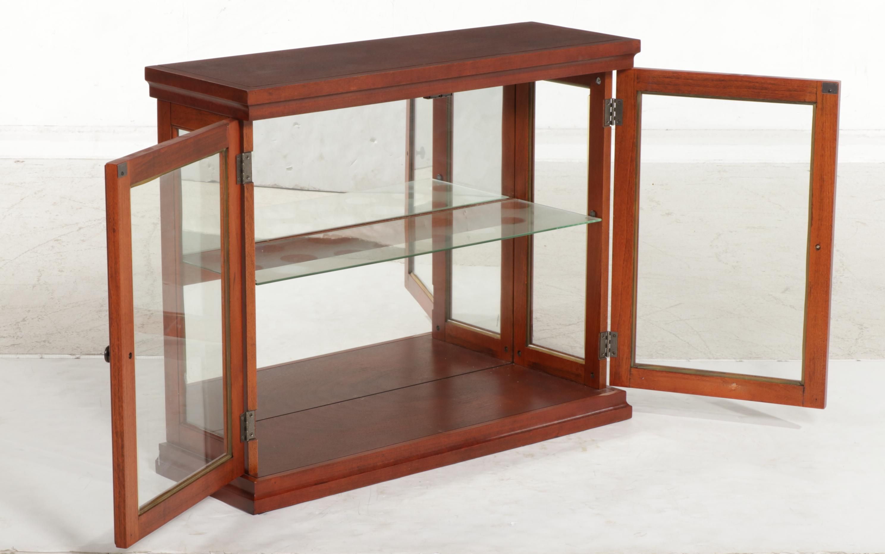 Mirrored Back Walnut Finished Glass Front Display Cabinet