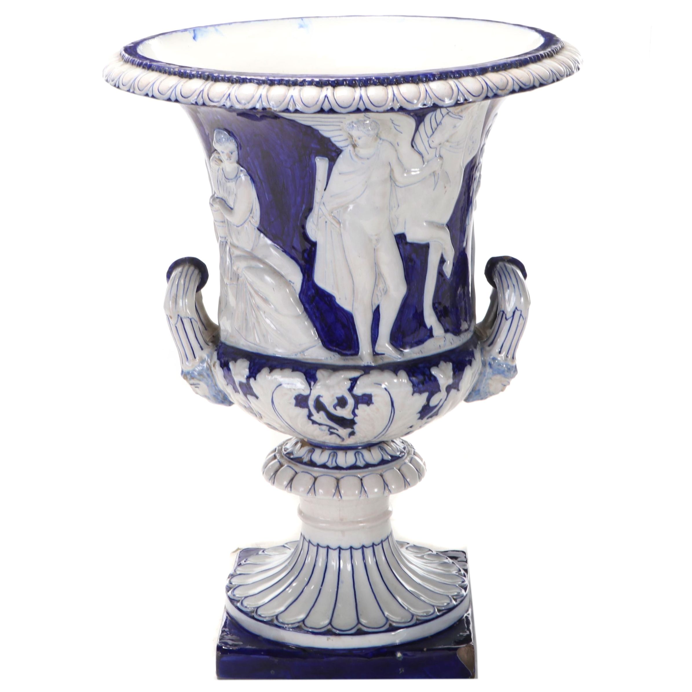 Cobalt and White Neoclassical Frieze Pedestal Urn