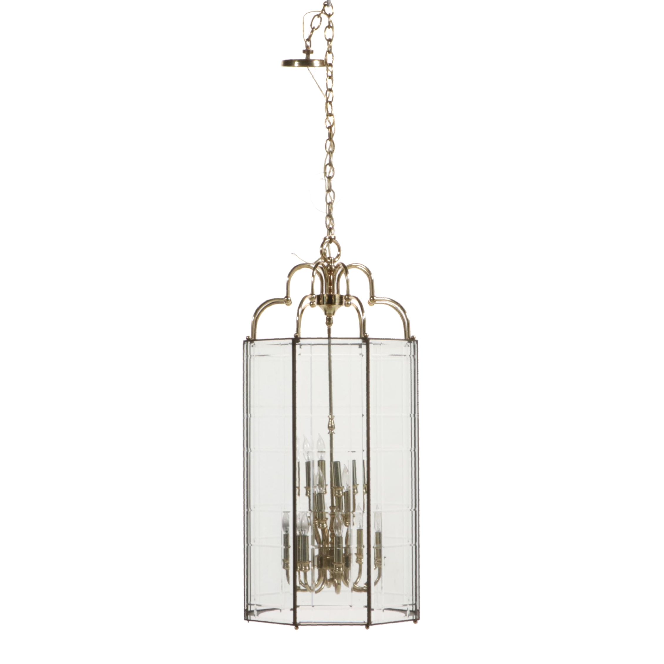 Large Octagonal Glass and Brass Foyer Pendant Light