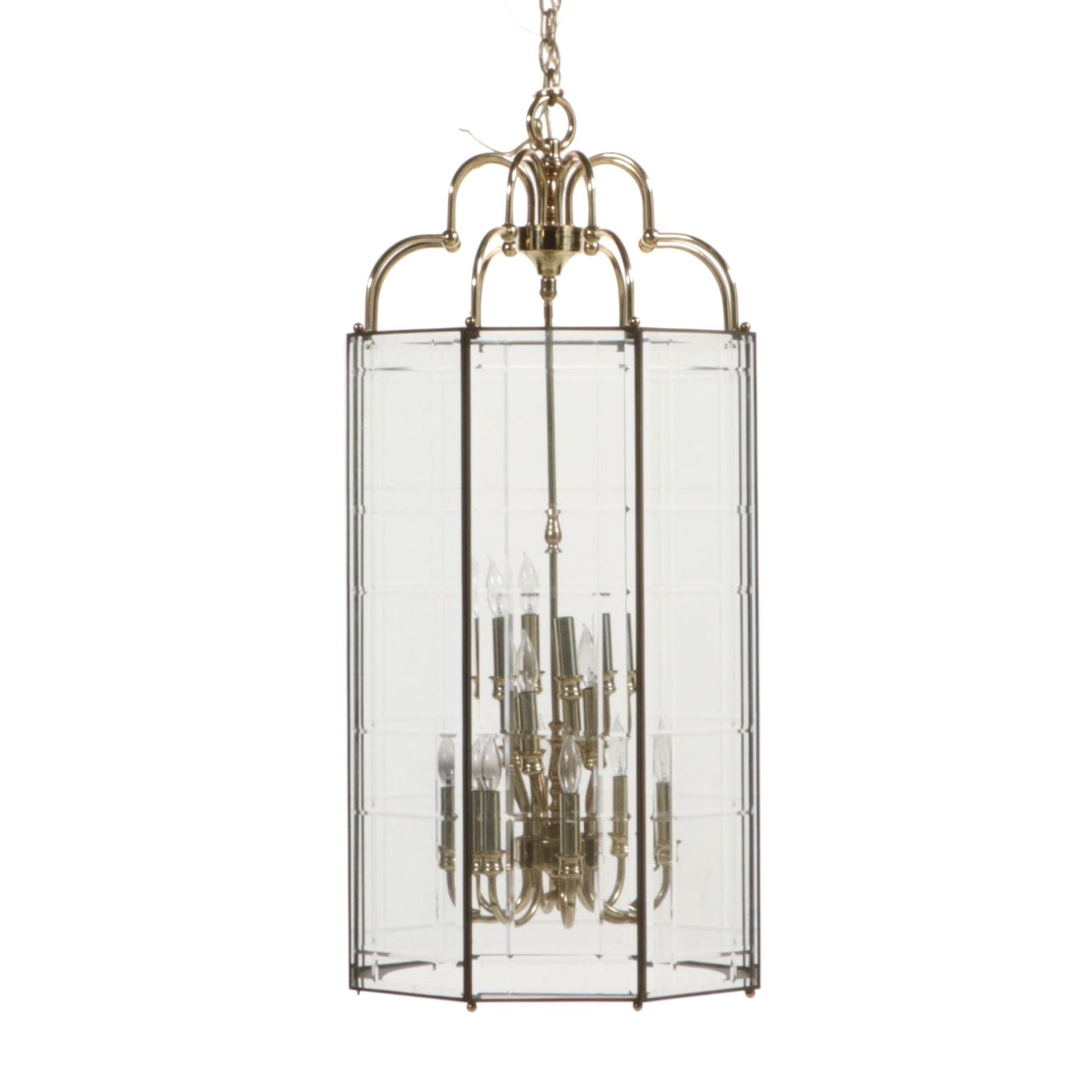 Large Octagonal Glass and Brass Foyer Pendant Light