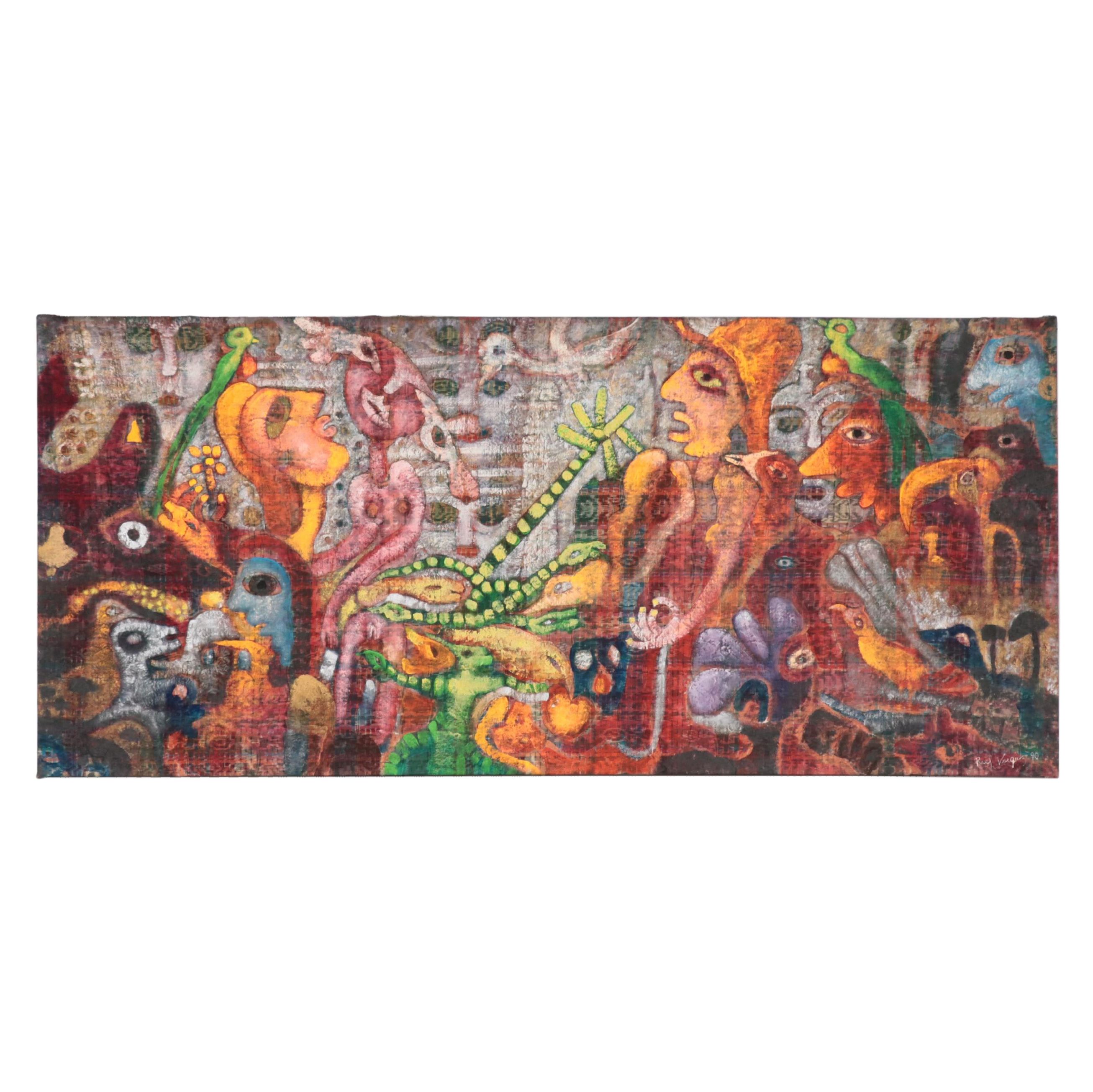 Raul Vasquez Saez Oil Painting of a Figurative Scene with Birds, 1990