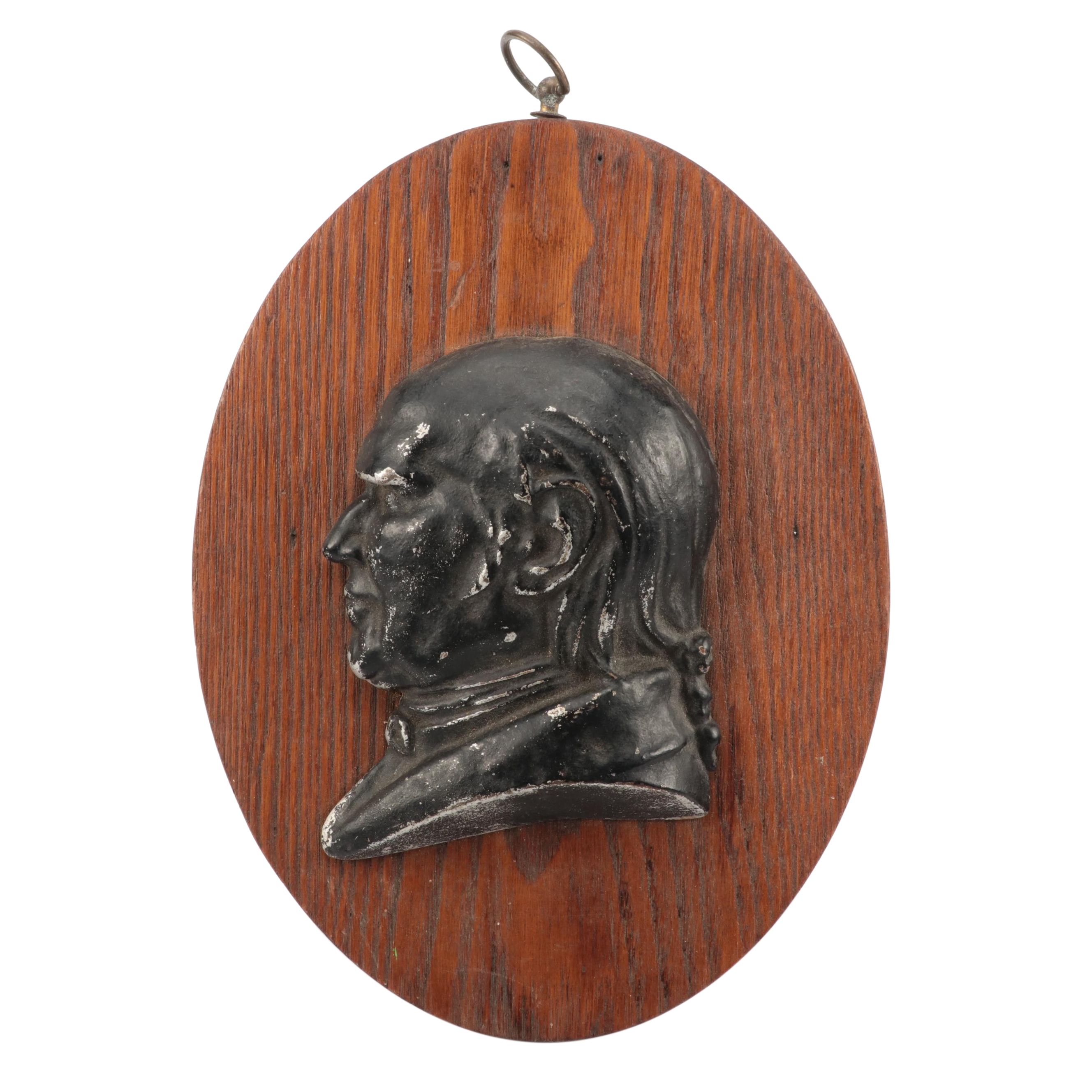 Cast Spelter John Quincy Adams Silhouette on Oak Plaque, Mid to Late 20th C.