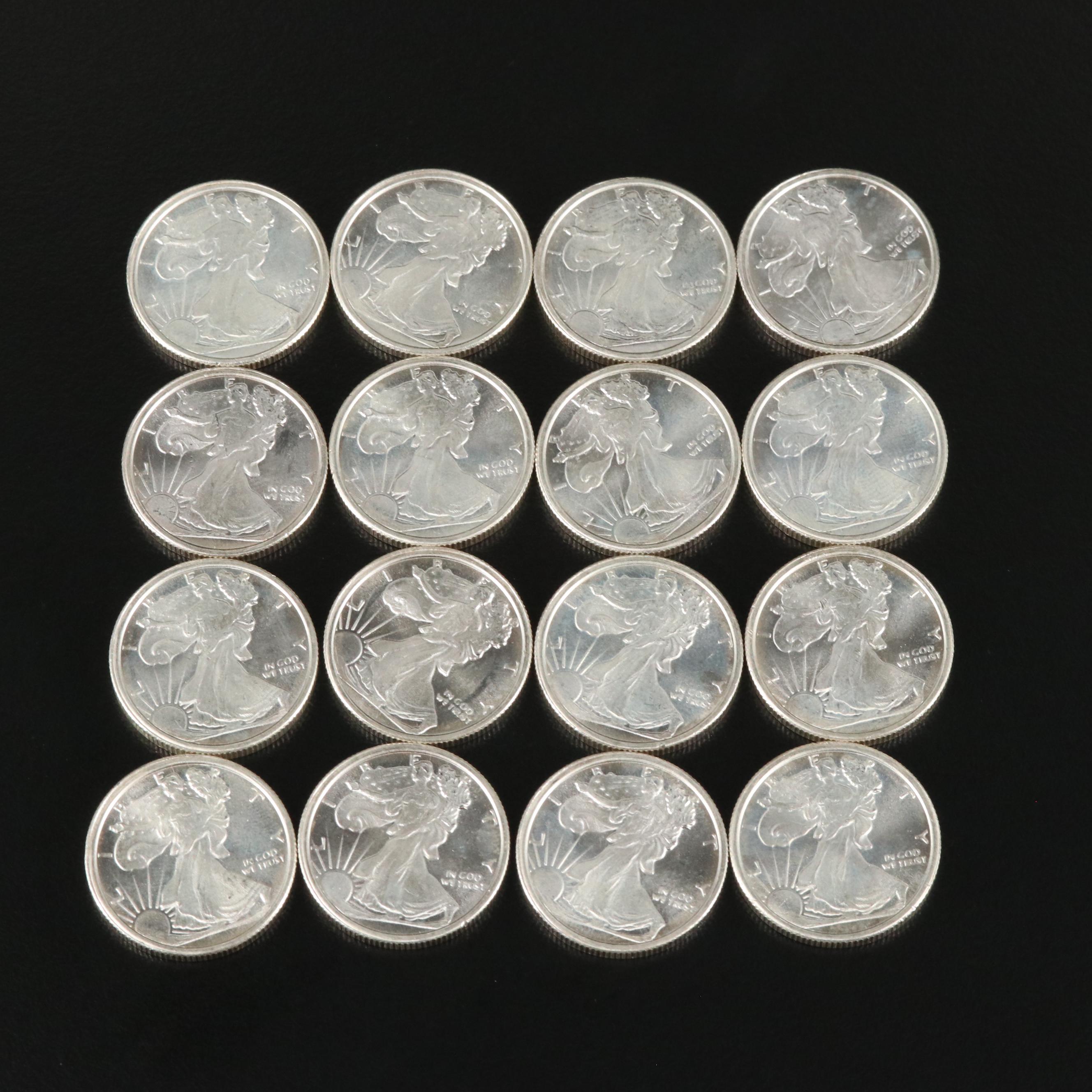 Collection of Sixteen  One Quarter Ounce Silver Rounds