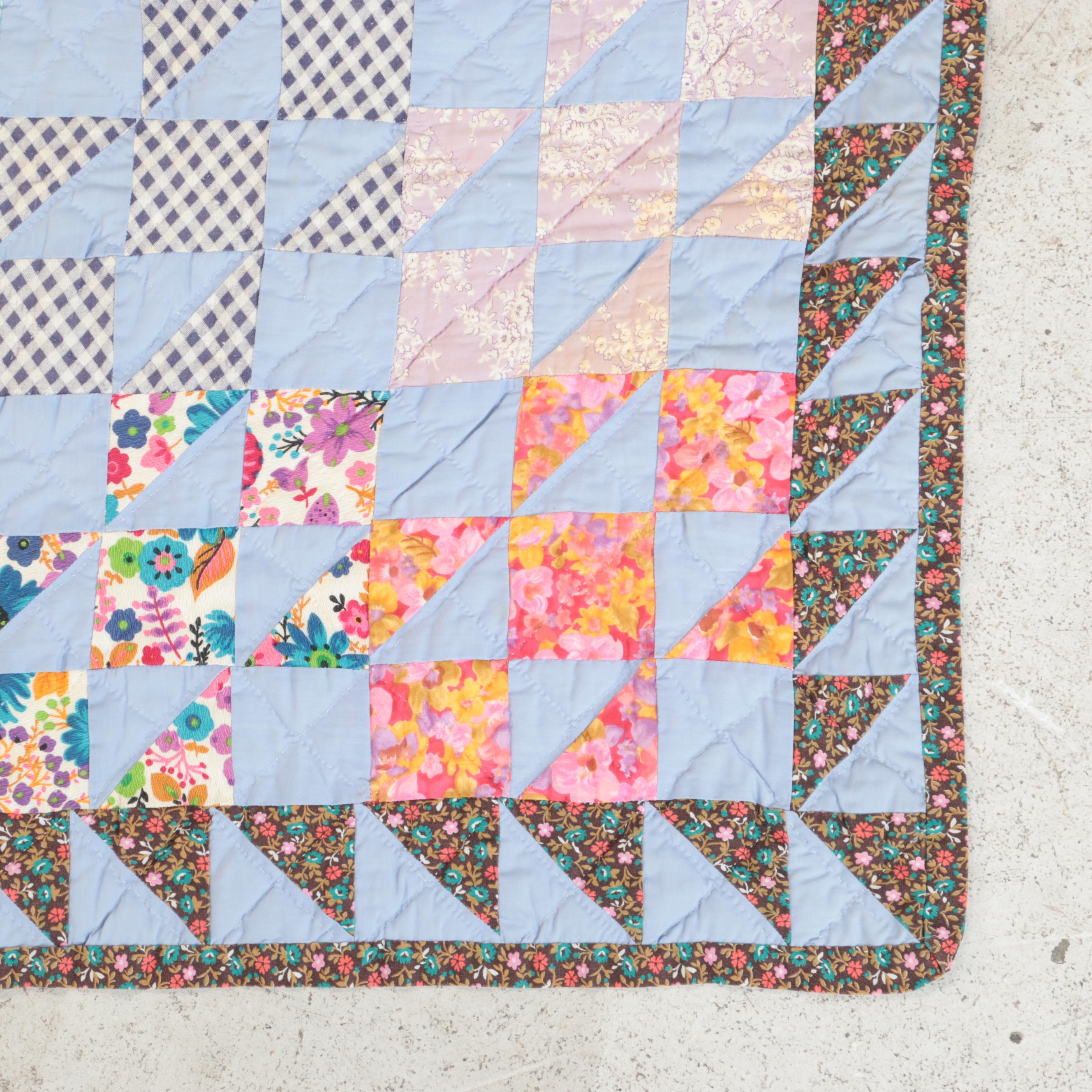 Handmade "Jacob's Ladder" Pieced Quilt with Square Patch Tied Quilt