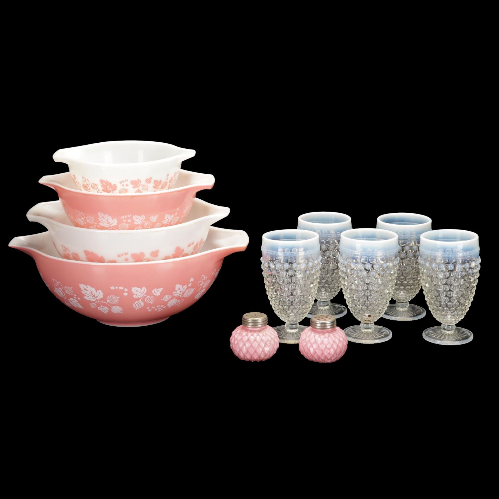 Pyrex "Gooseberry" Pink Cinderella Mixing Bowls with Other Tableware
