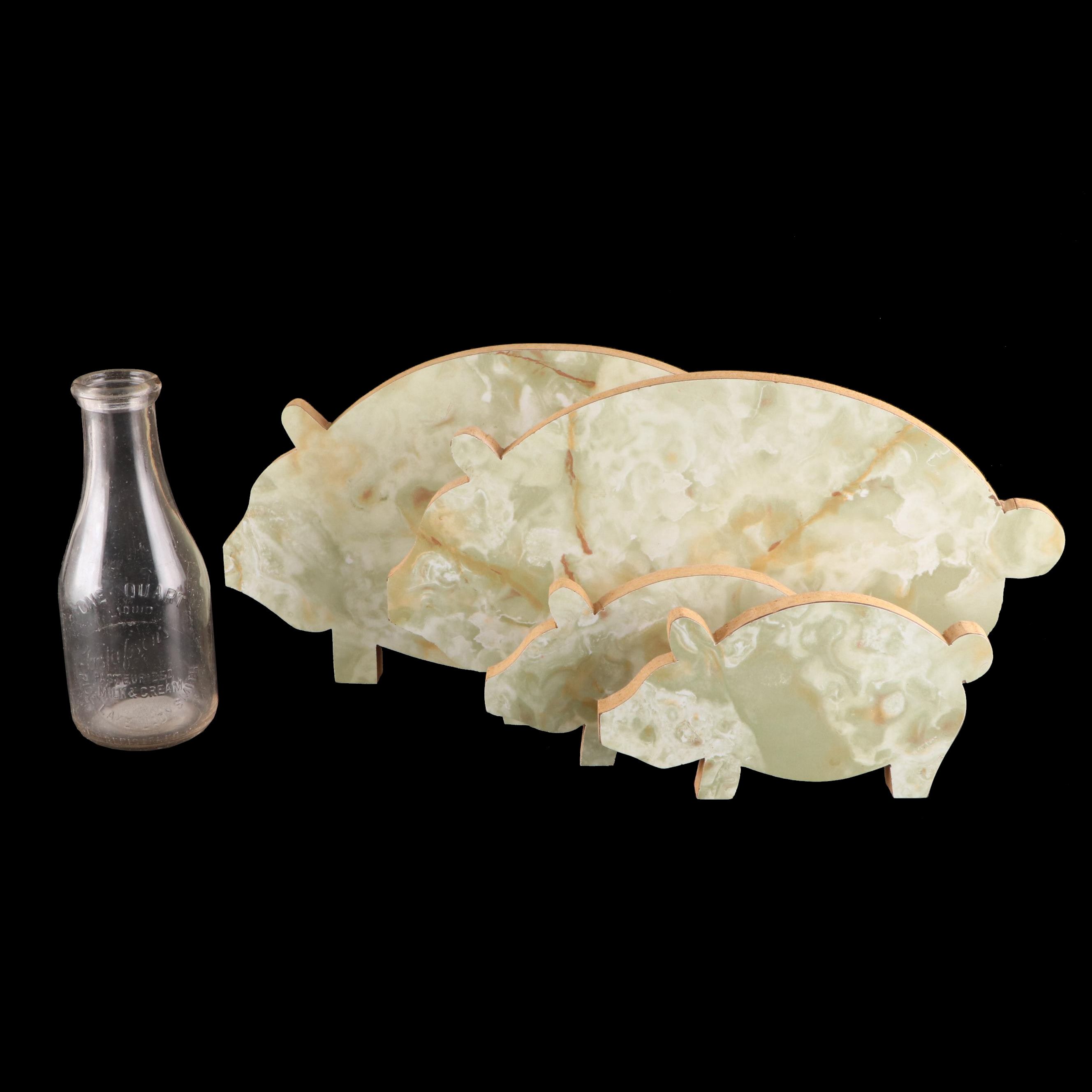 Gustafson's 1 Qt Glass Milk Jug with Laminated Cutout Stacked Pig Decor