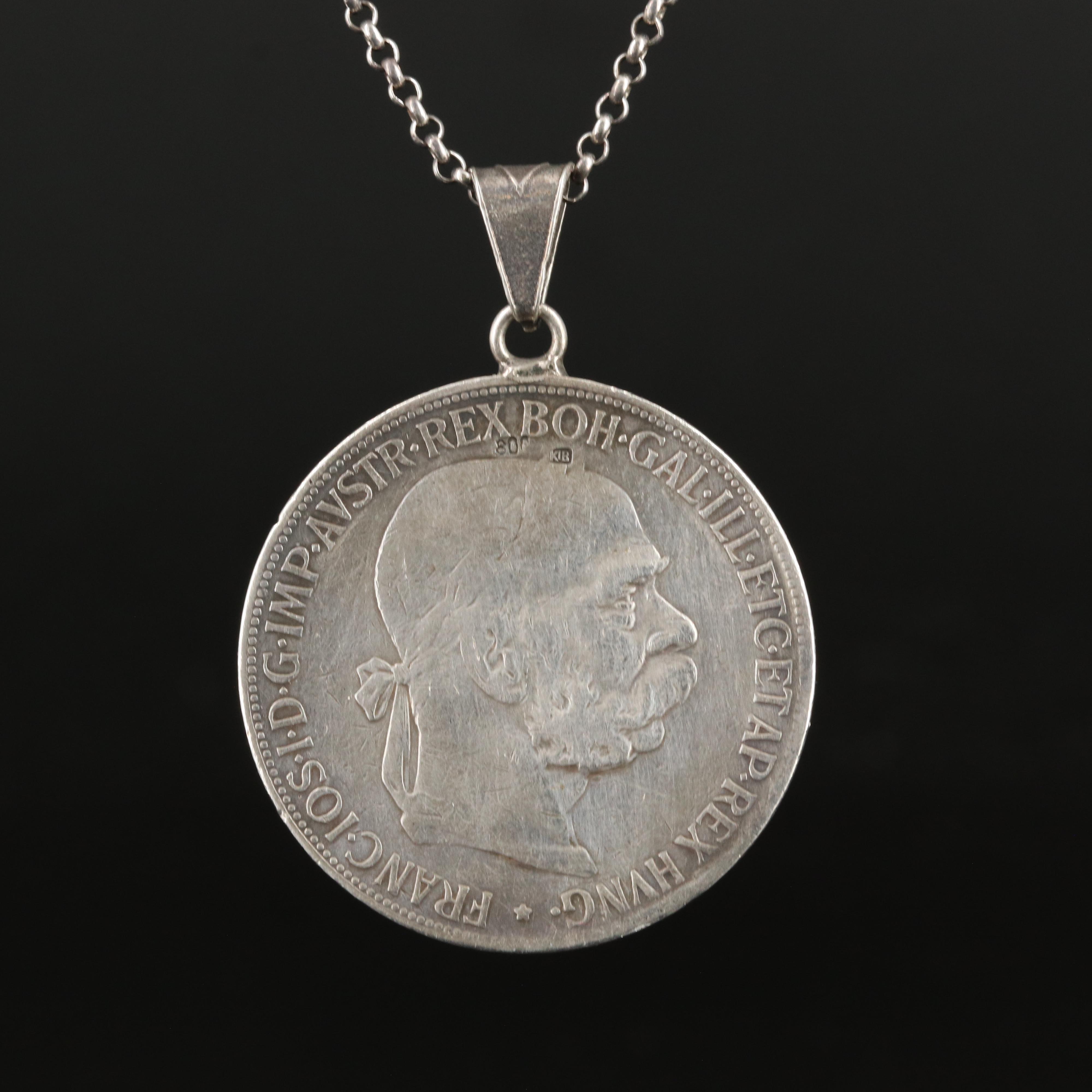 1900 Austrian Five Corona Silver Coin Pendant with Sterling Rolo Necklace