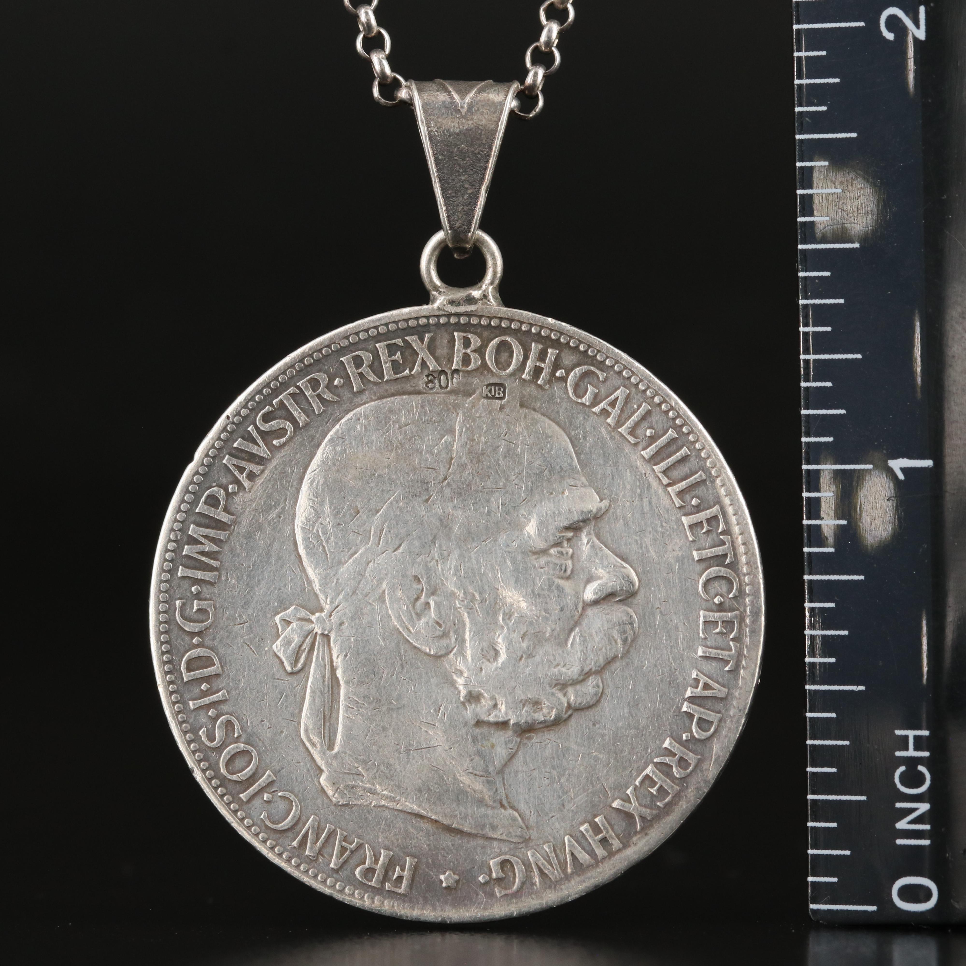 1900 Austrian Five Corona Silver Coin Pendant with Sterling Rolo Necklace