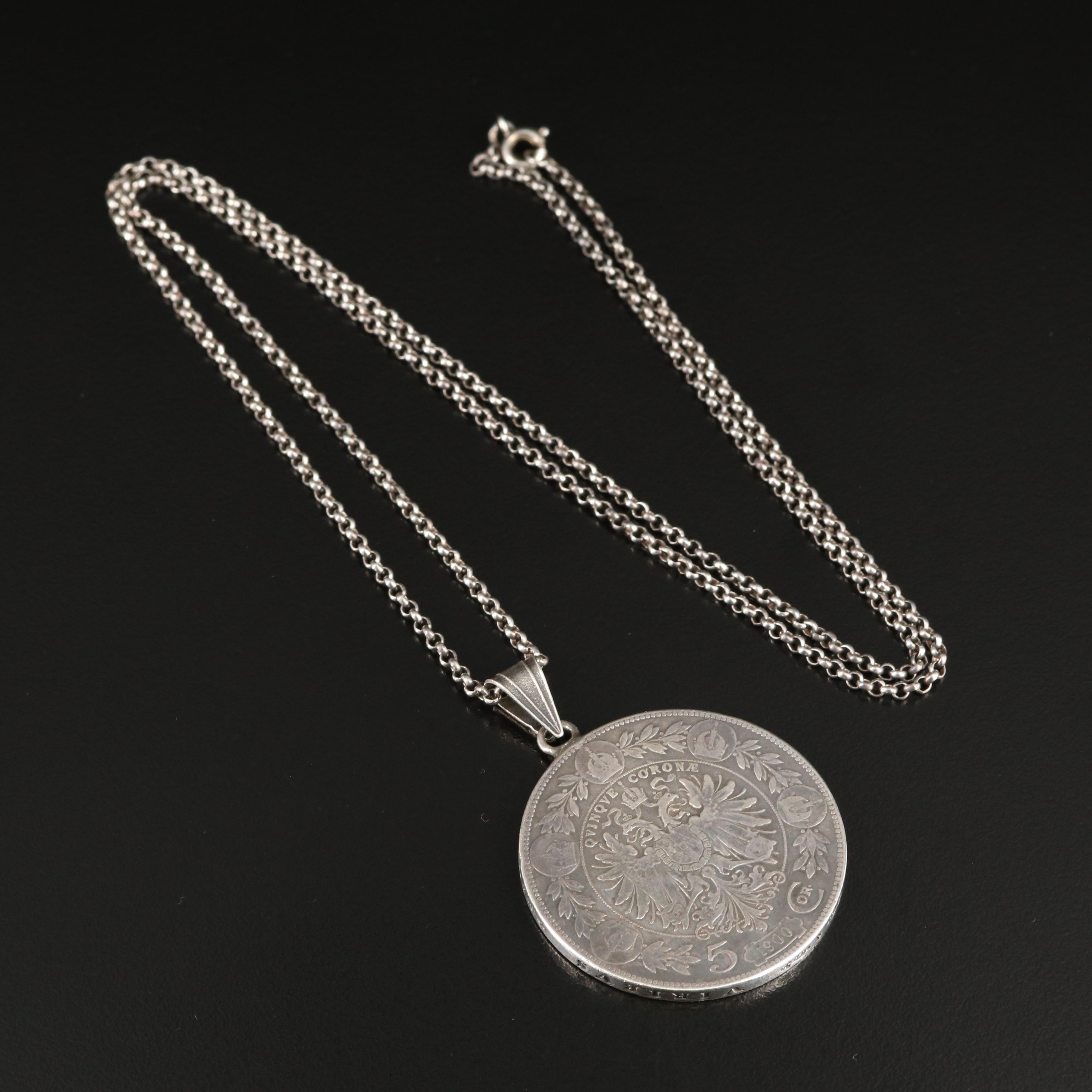 1900 Austrian Five Corona Silver Coin Pendant with Sterling Rolo Necklace