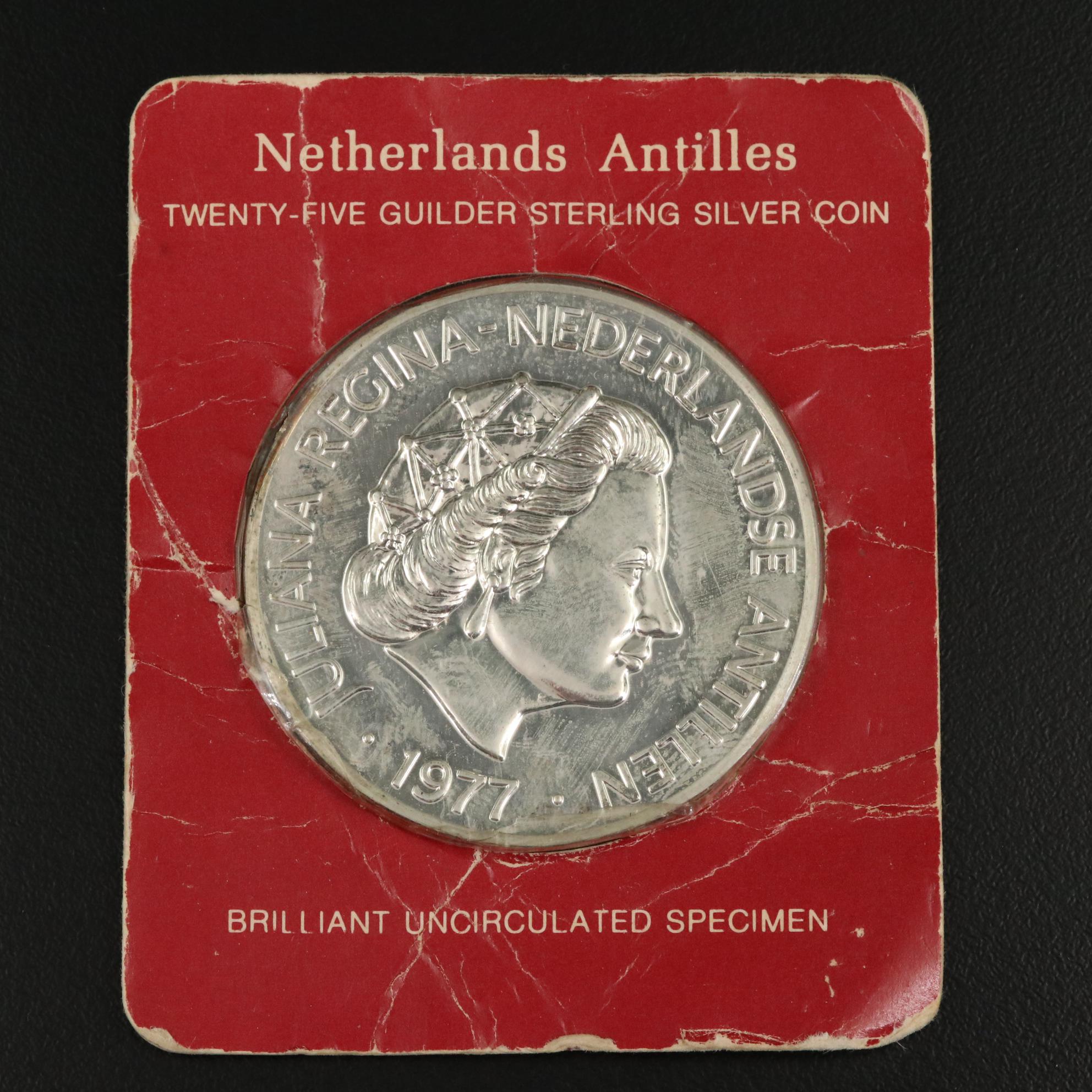 1977 Netherlands Antilles 25-Gulden Peter Stuyvesant Commemorative Silver Coin