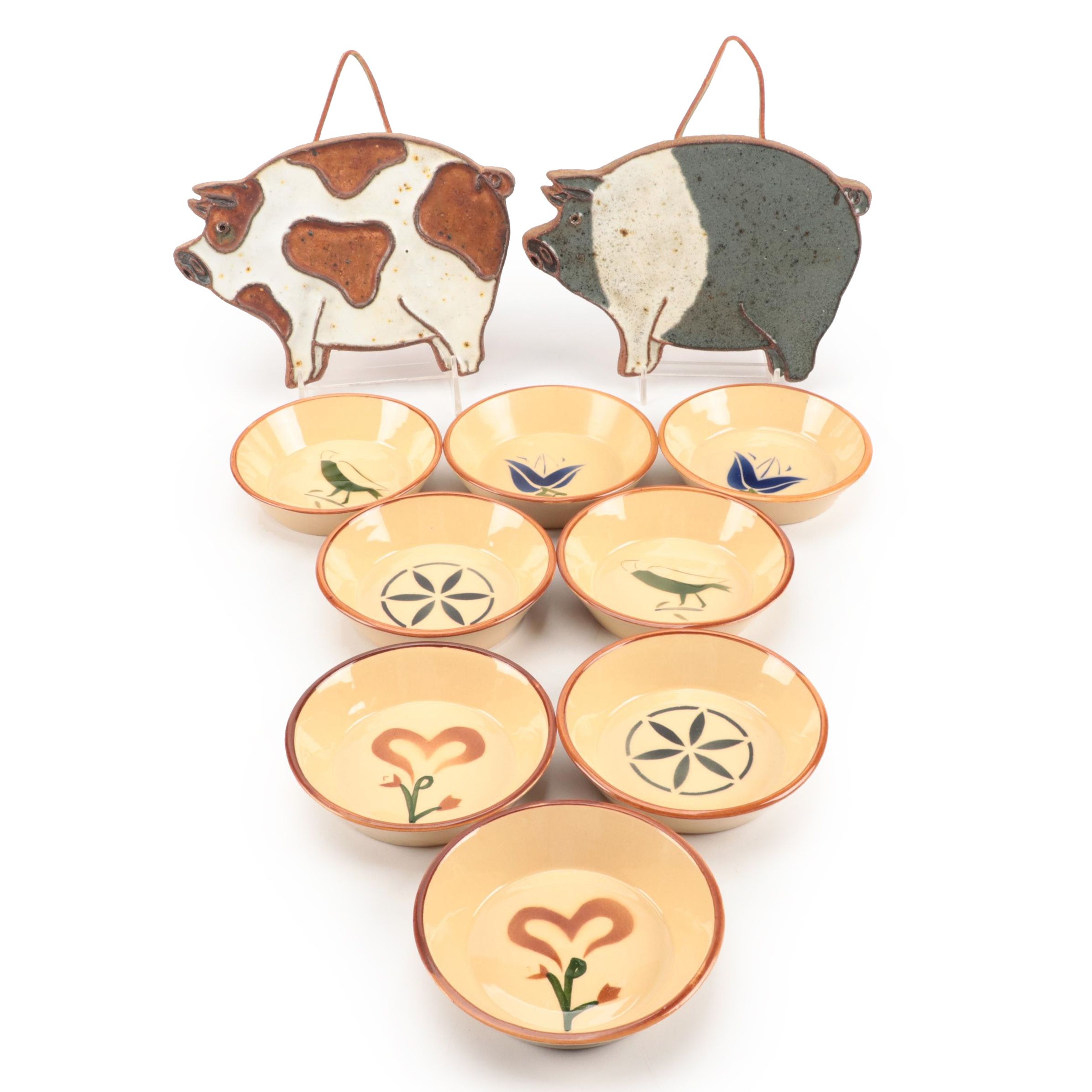Victoria Littlejohn Folk Art Style Ceramic Pig Wall Hangings with Other Bowls
