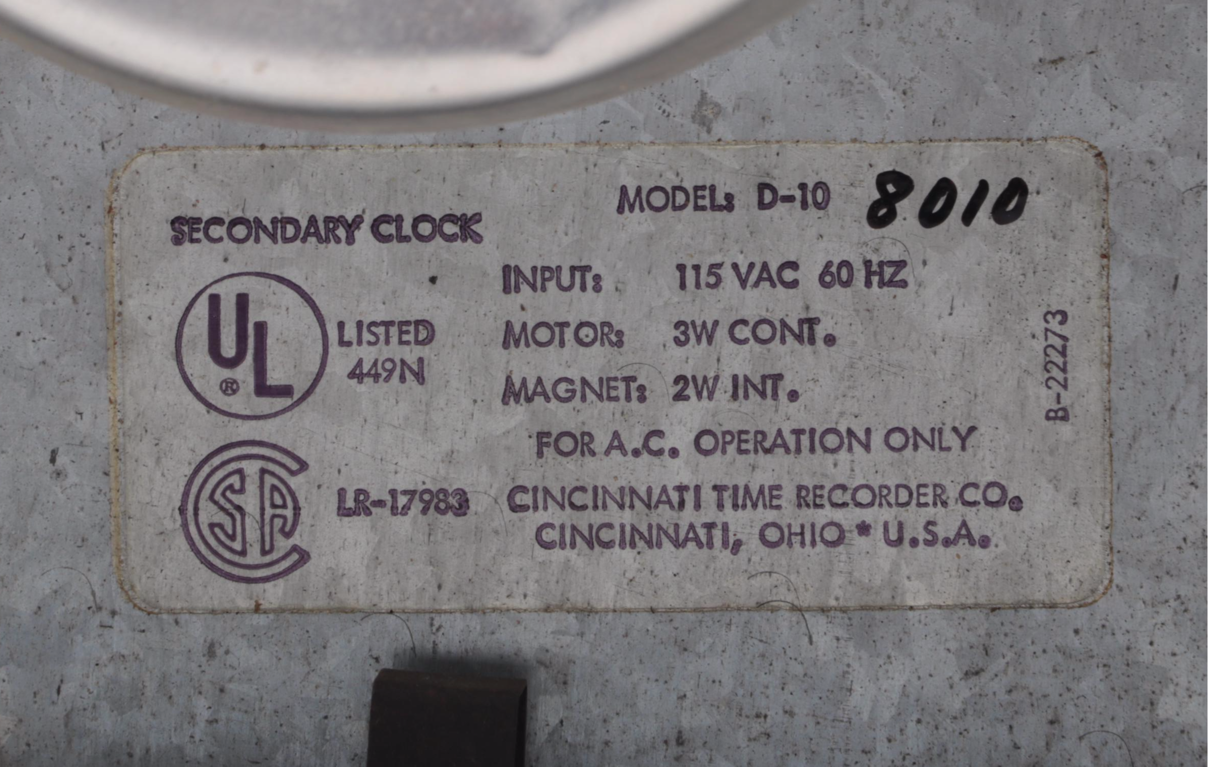 Cincinnati Time Recorder Co. Secondary Wall Clocks