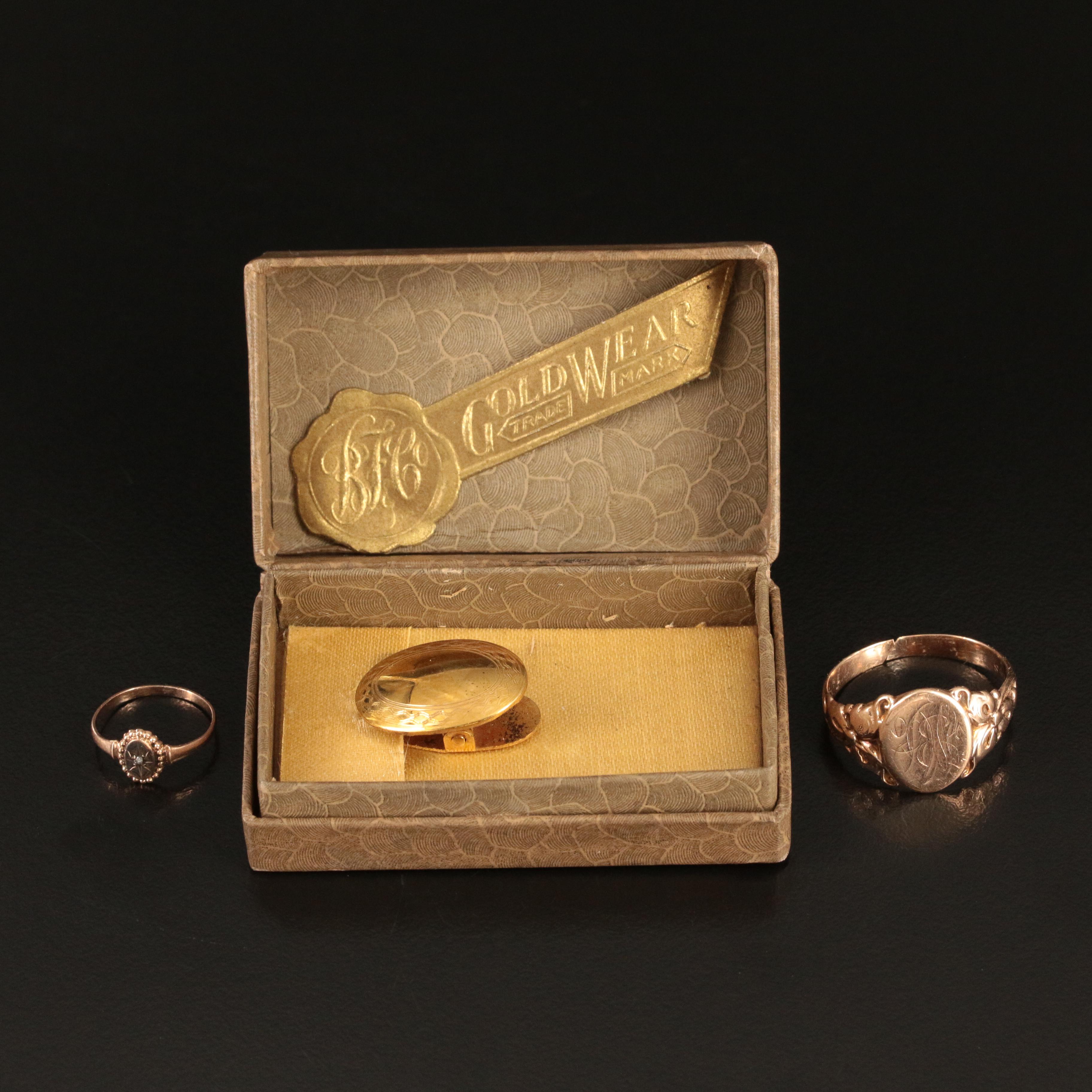 10K Rose Gold Diamond Ring, Engraved Initial Ring and Tie Clip