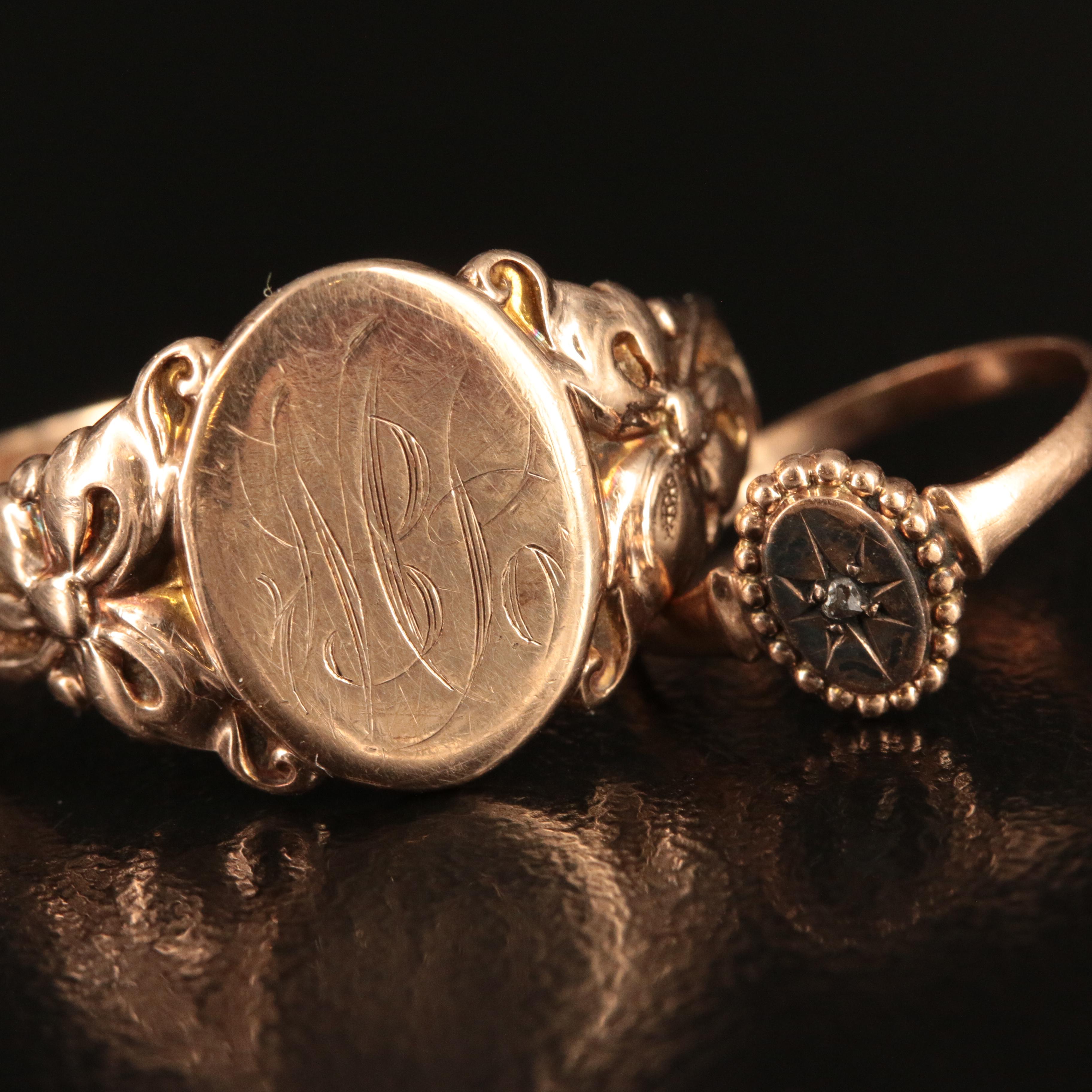 10K Rose Gold Diamond Ring, Engraved Initial Ring and Tie Clip