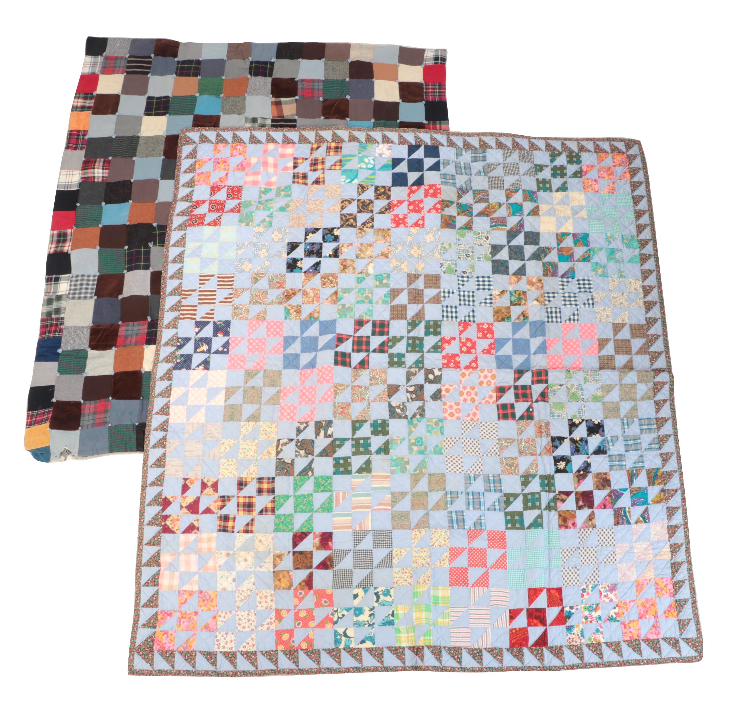 Handmade "Jacob's Ladder" Pieced Quilt with Square Patch Tied Quilt