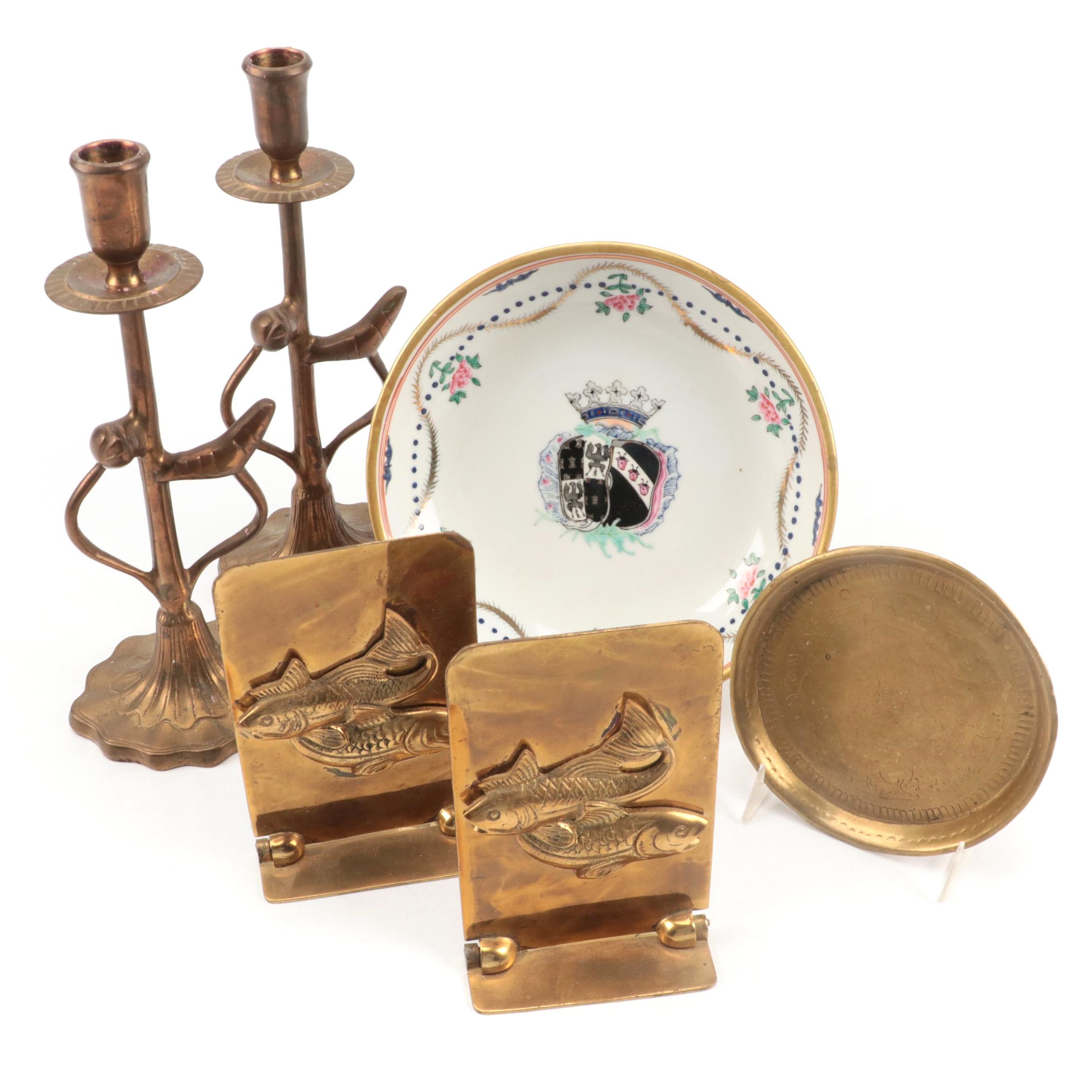 Chinese Koi Fish Brass Bookends, Additus Brass Candlesticks, and More