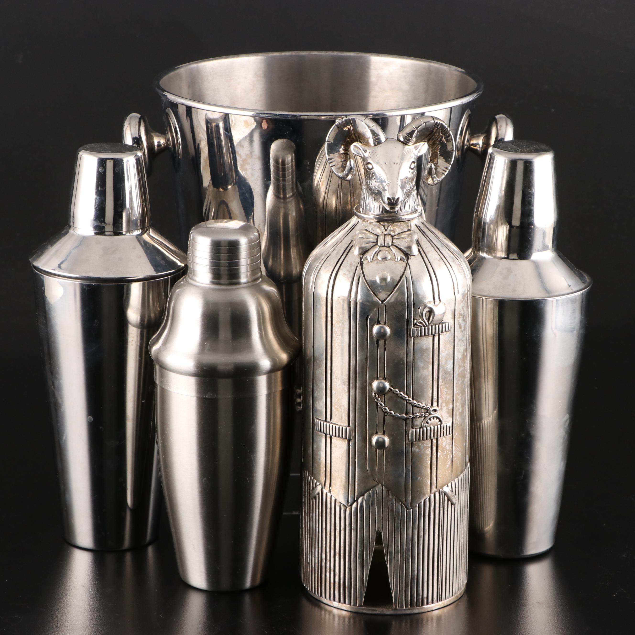Godinger Silver Plate Bottle with Other Ice Bucket and Cocktail Shakers