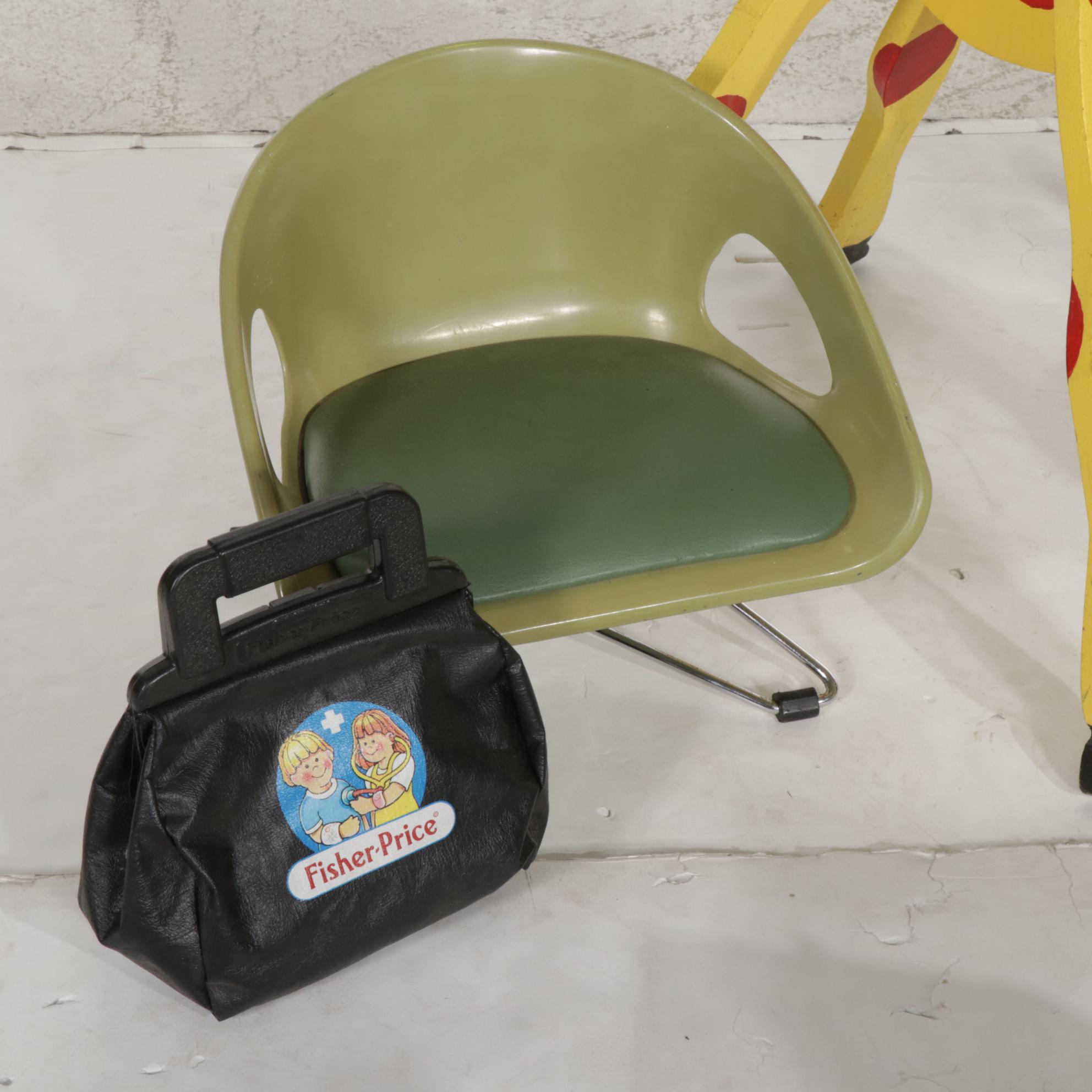 Wooden Giraffe Shaped Coat Rack with Rice Crispy Treats Lunch Box and Other Toys