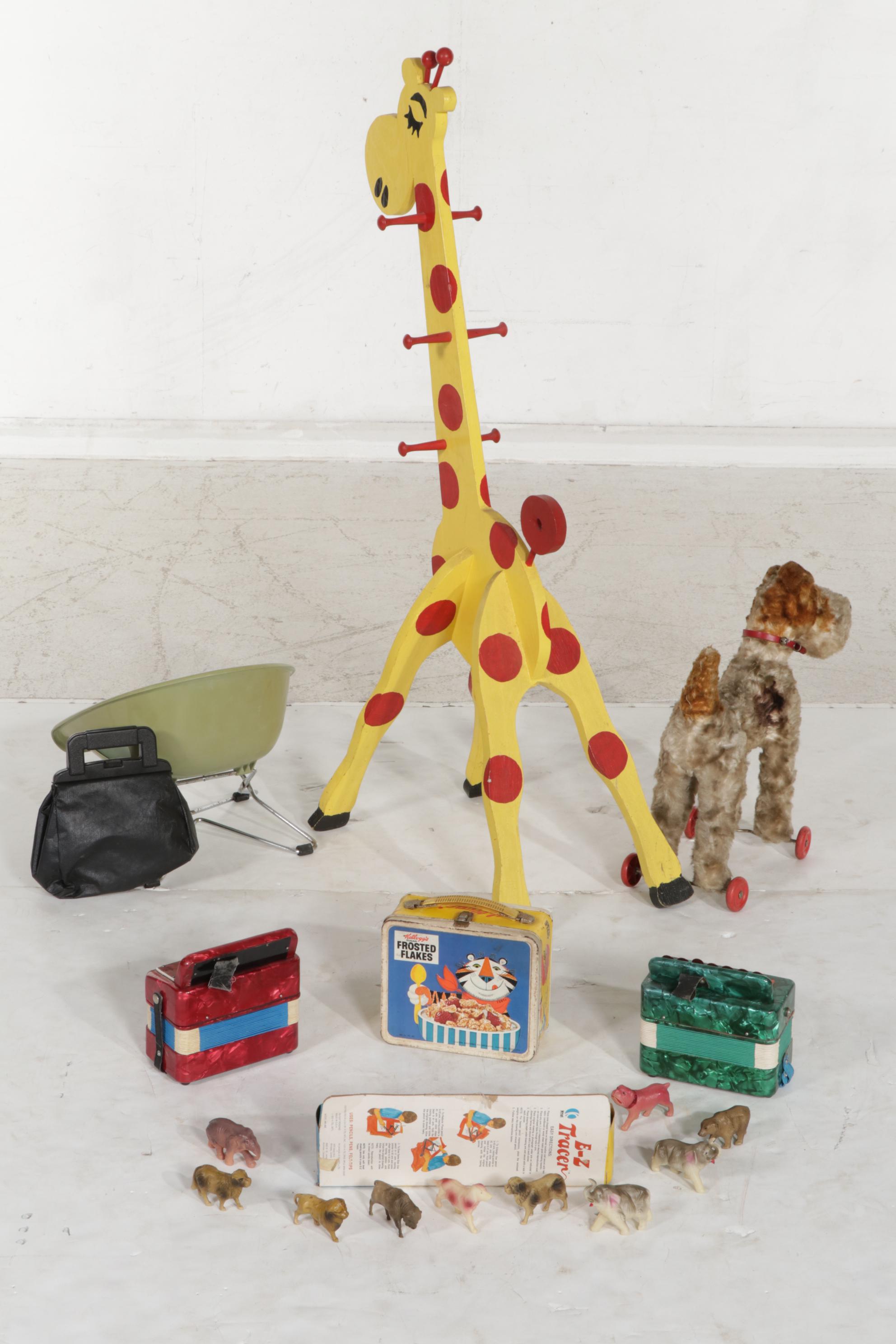 Wooden Giraffe Shaped Coat Rack with Rice Crispy Treats Lunch Box and Other Toys
