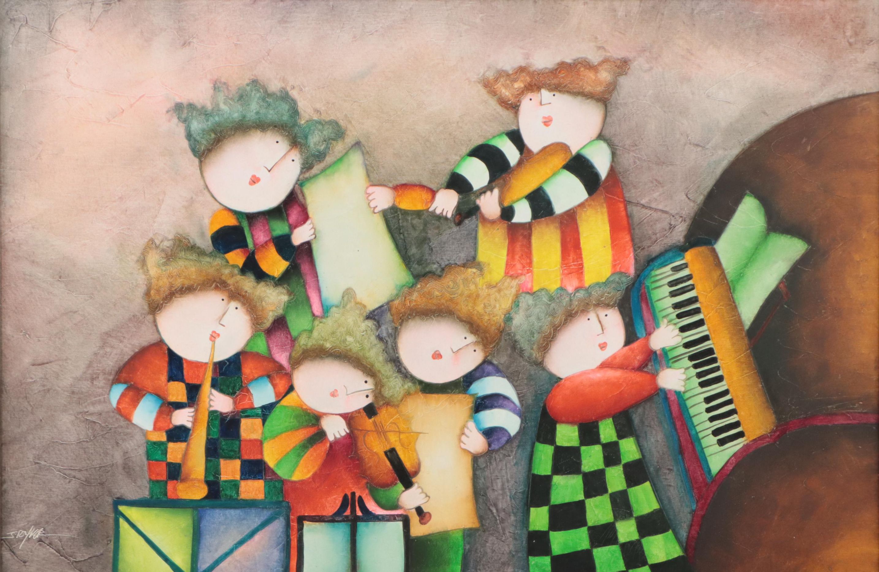 Joyce Roybal Oil Painting of Figures Playing Instruments