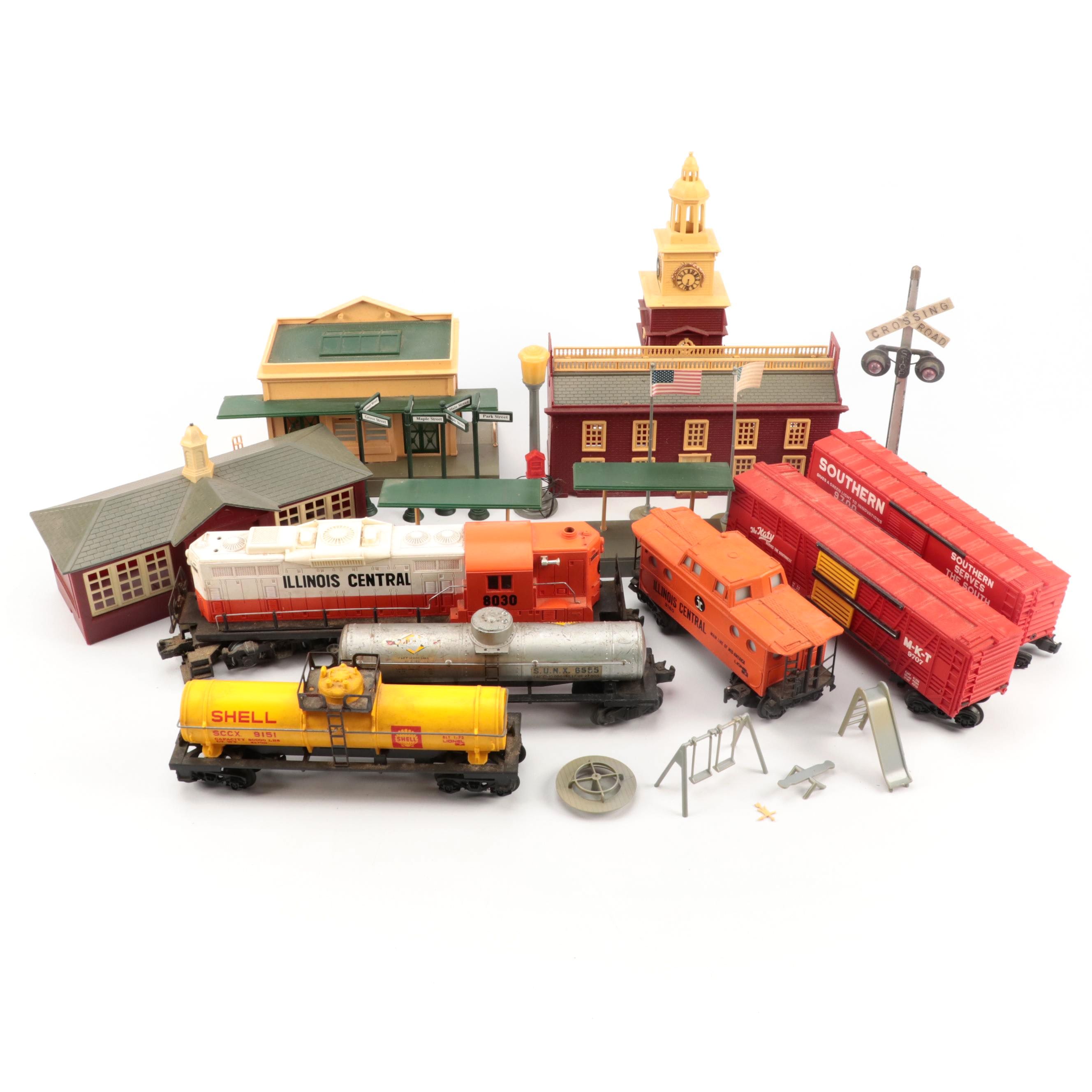 Model Railway Buildings and Accessories with Locomotive and Cars