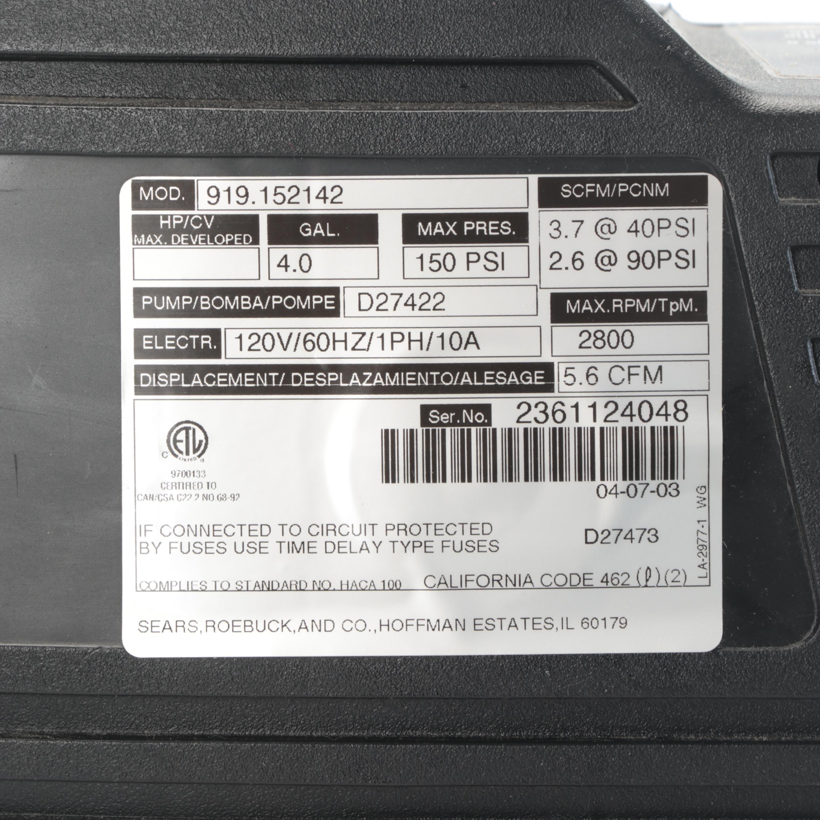 Craftsman 4 Gallon Electric Pancake Air Compressor With Hose