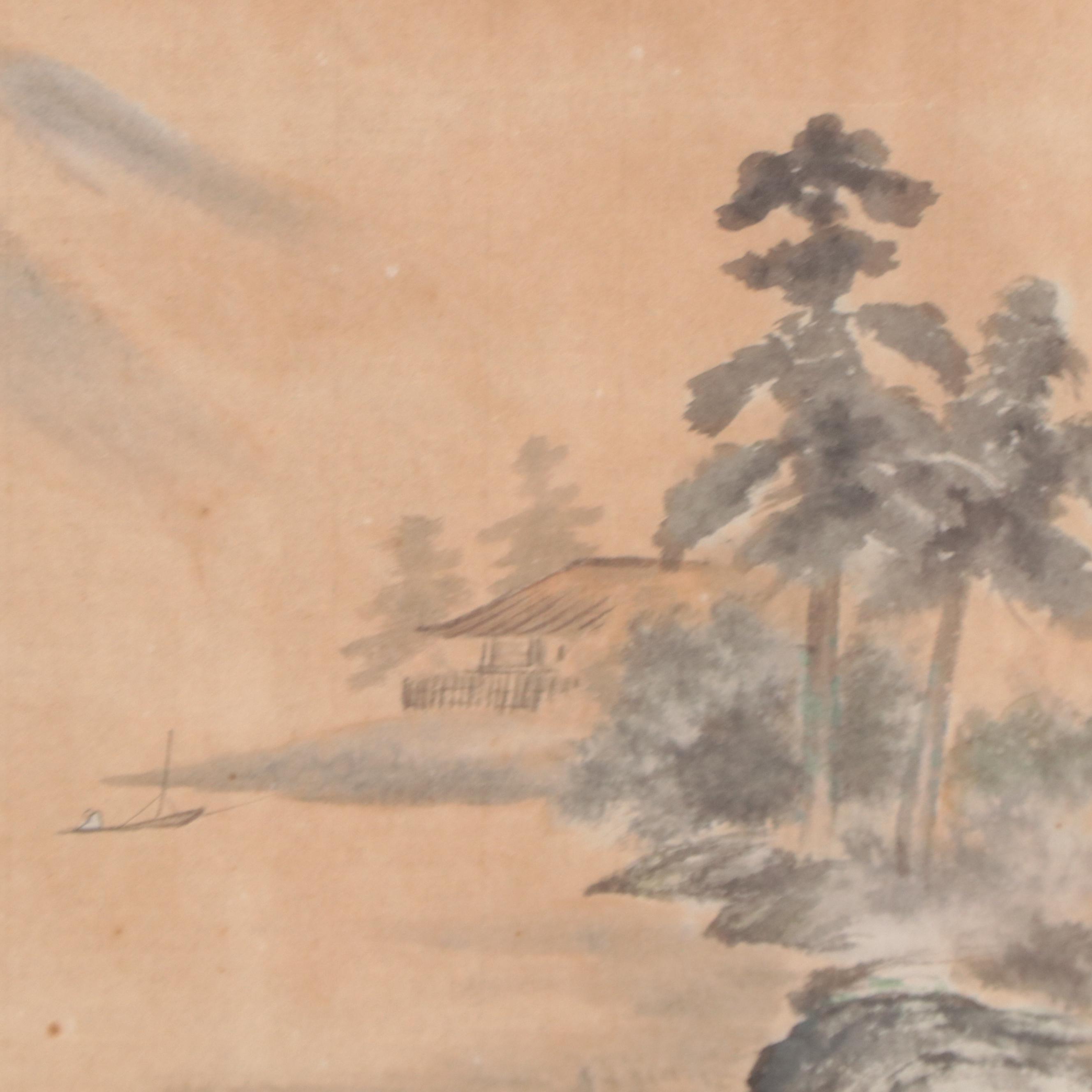 East Asian Landscape Watercolor Painting of Mountain Lake Scene