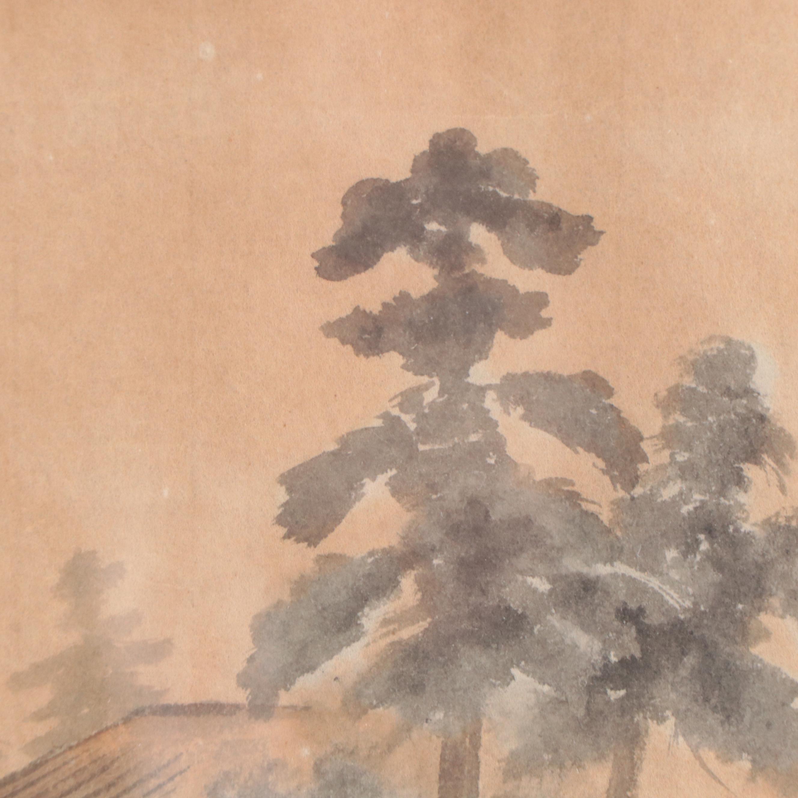 East Asian Landscape Watercolor Painting of Mountain Lake Scene