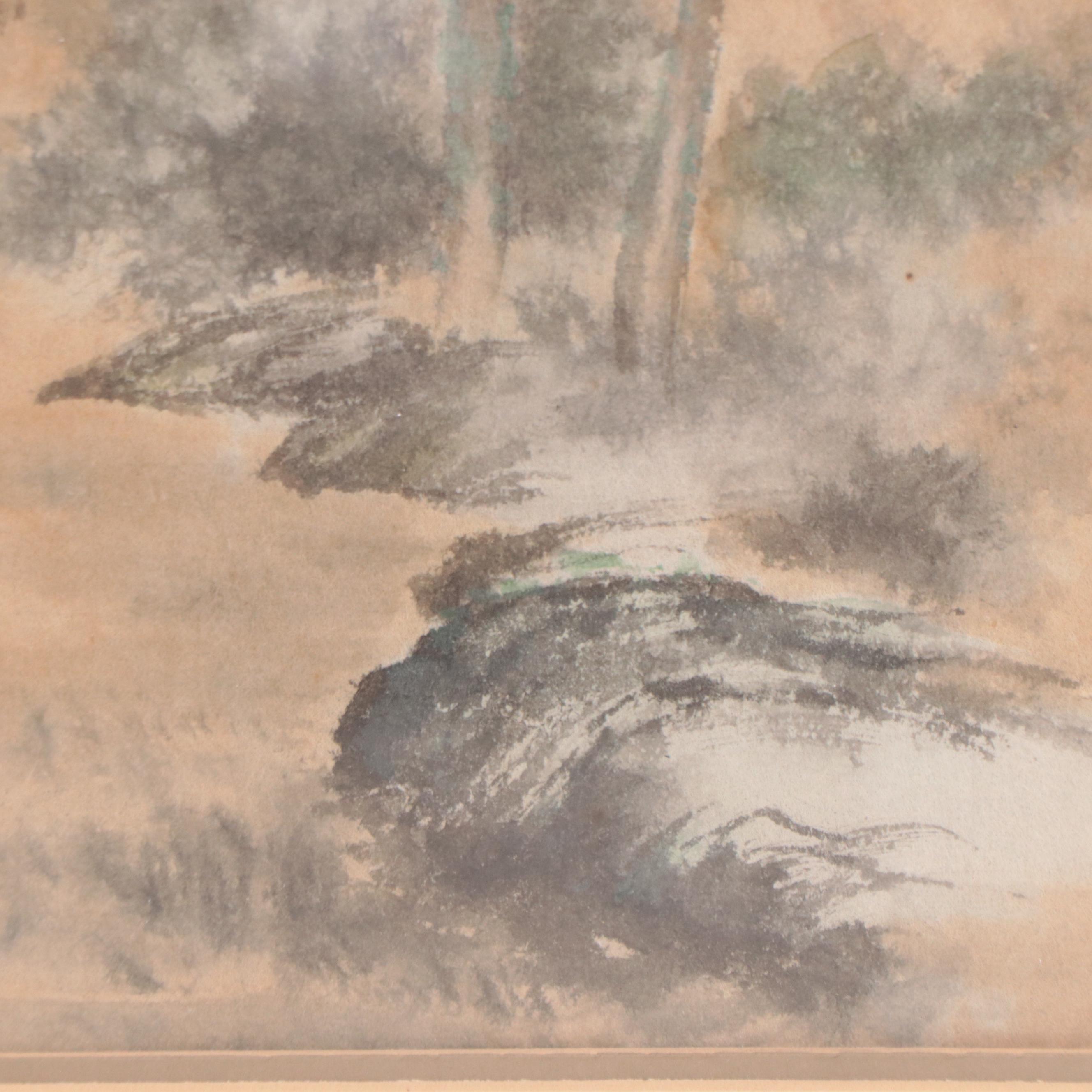 East Asian Landscape Watercolor Painting of Mountain Lake Scene