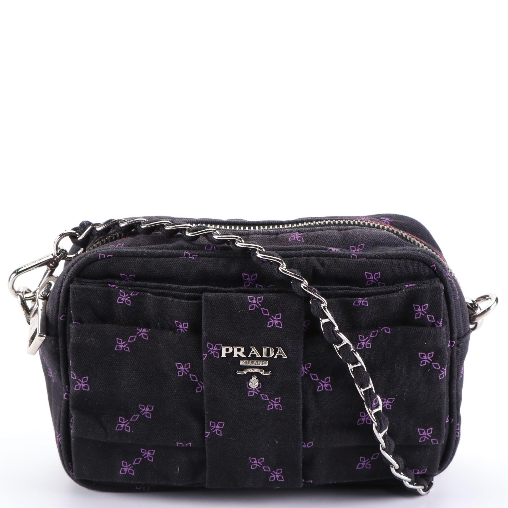 Prada Mini Crossbody in Printed Twill with Interwoven Chain Strap