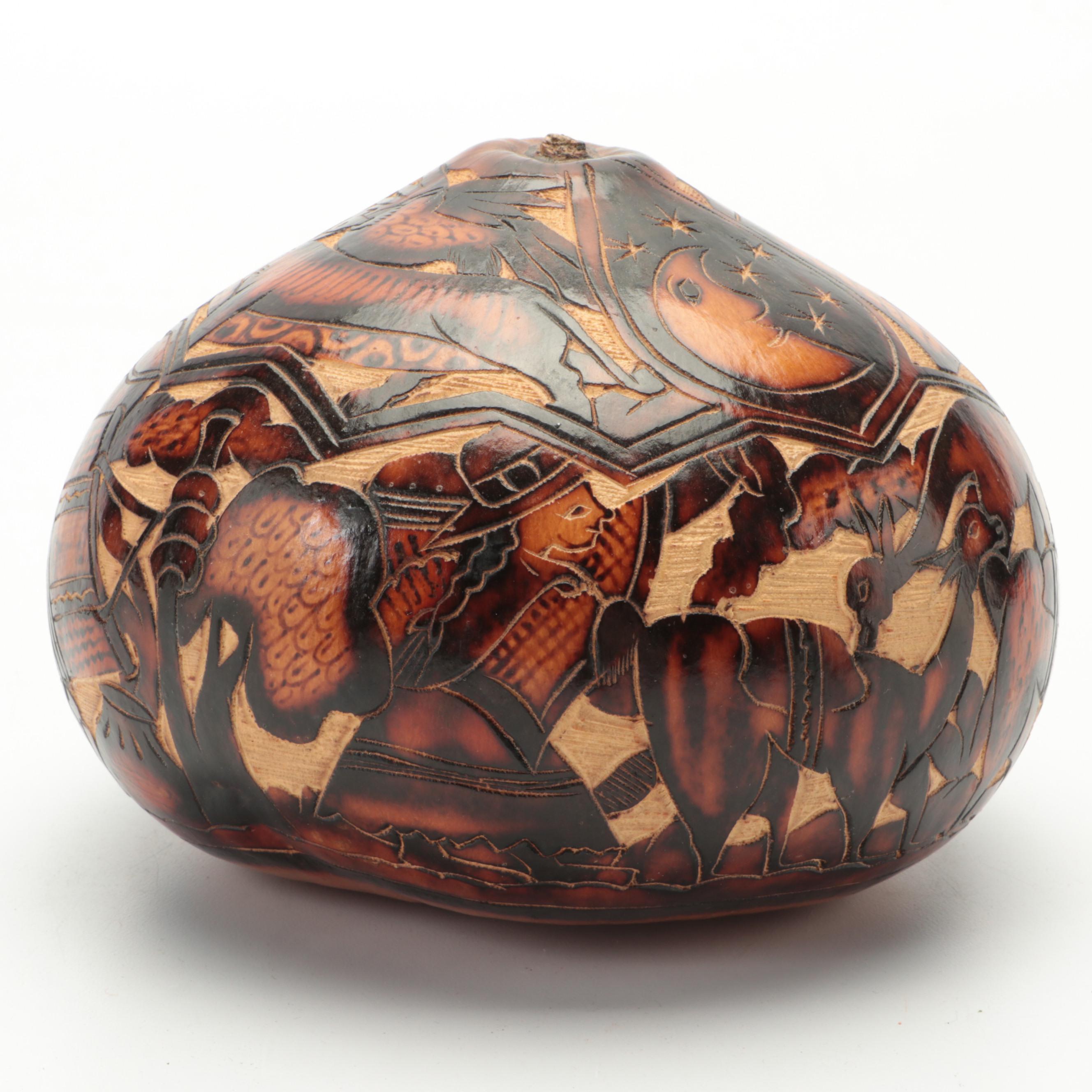 Raku-Fired Studio Pottery Vase, Turned Lotus Root and Peruvian Etched Gourd