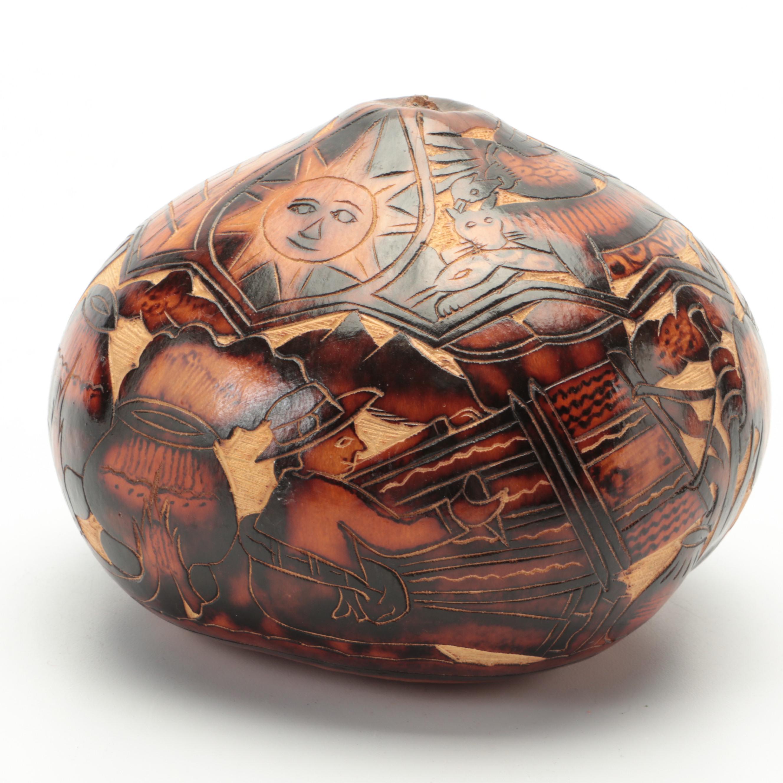 Raku-Fired Studio Pottery Vase, Turned Lotus Root and Peruvian Etched Gourd
