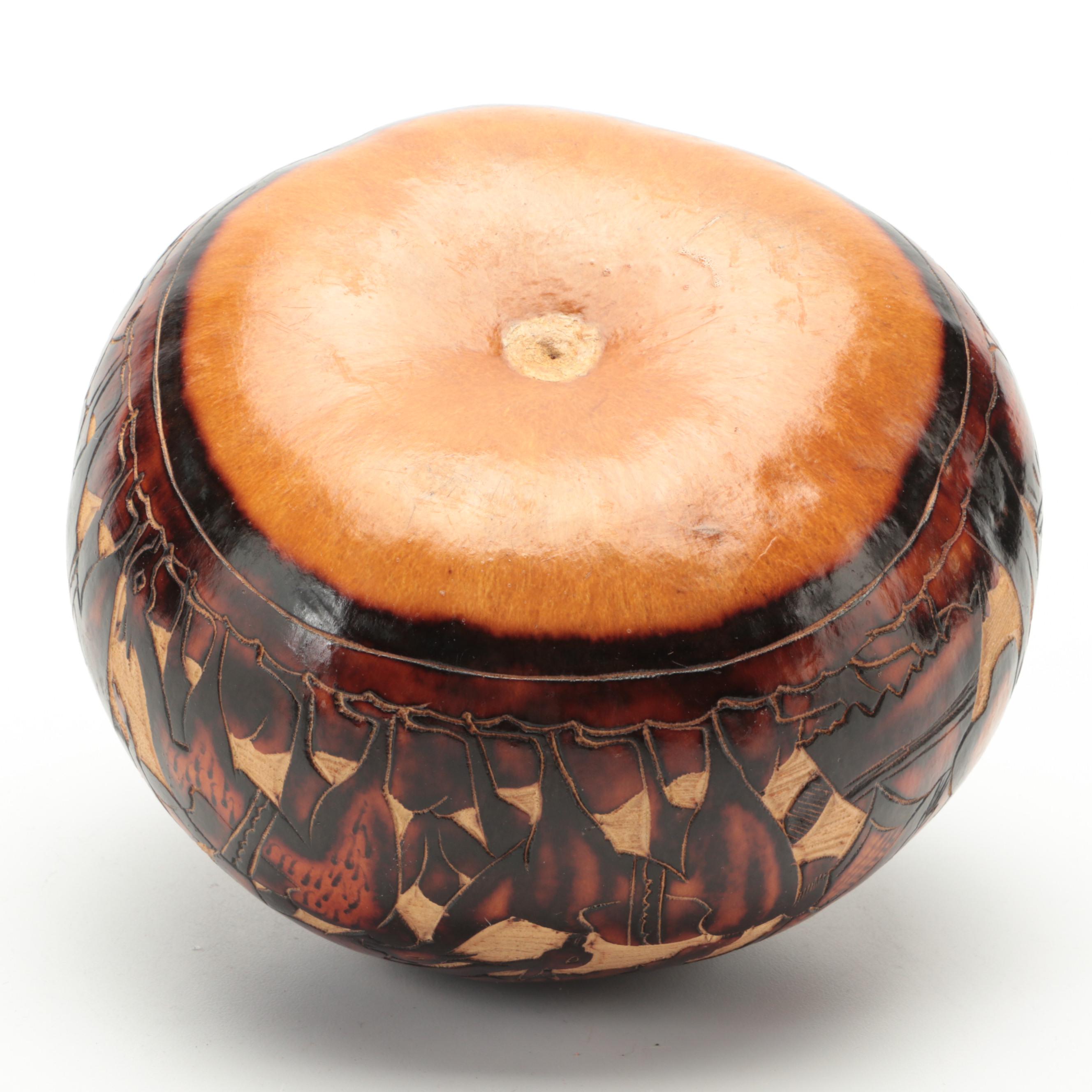 Raku-Fired Studio Pottery Vase, Turned Lotus Root and Peruvian Etched Gourd