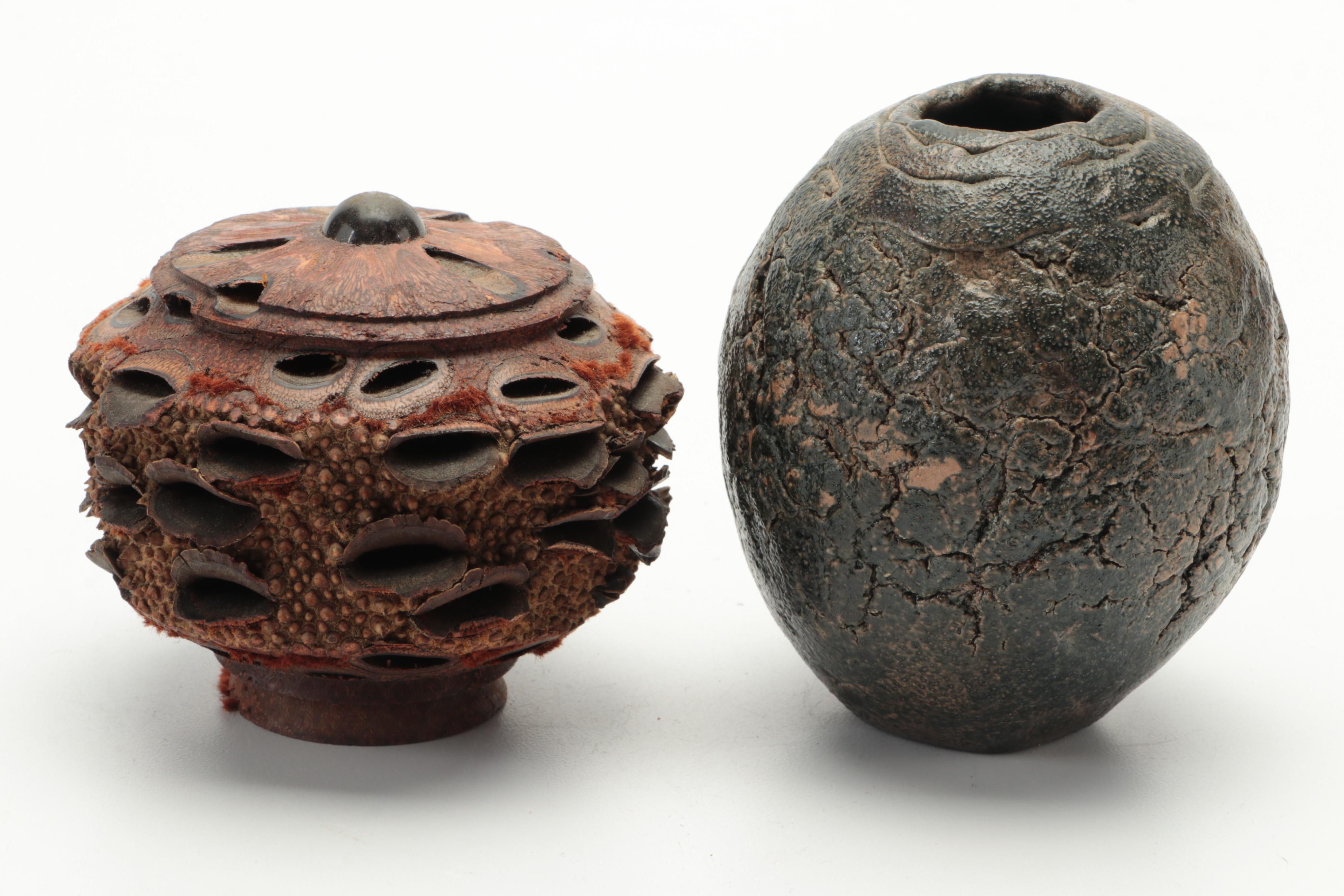 Raku-Fired Studio Pottery Vase, Turned Lotus Root and Peruvian Etched Gourd