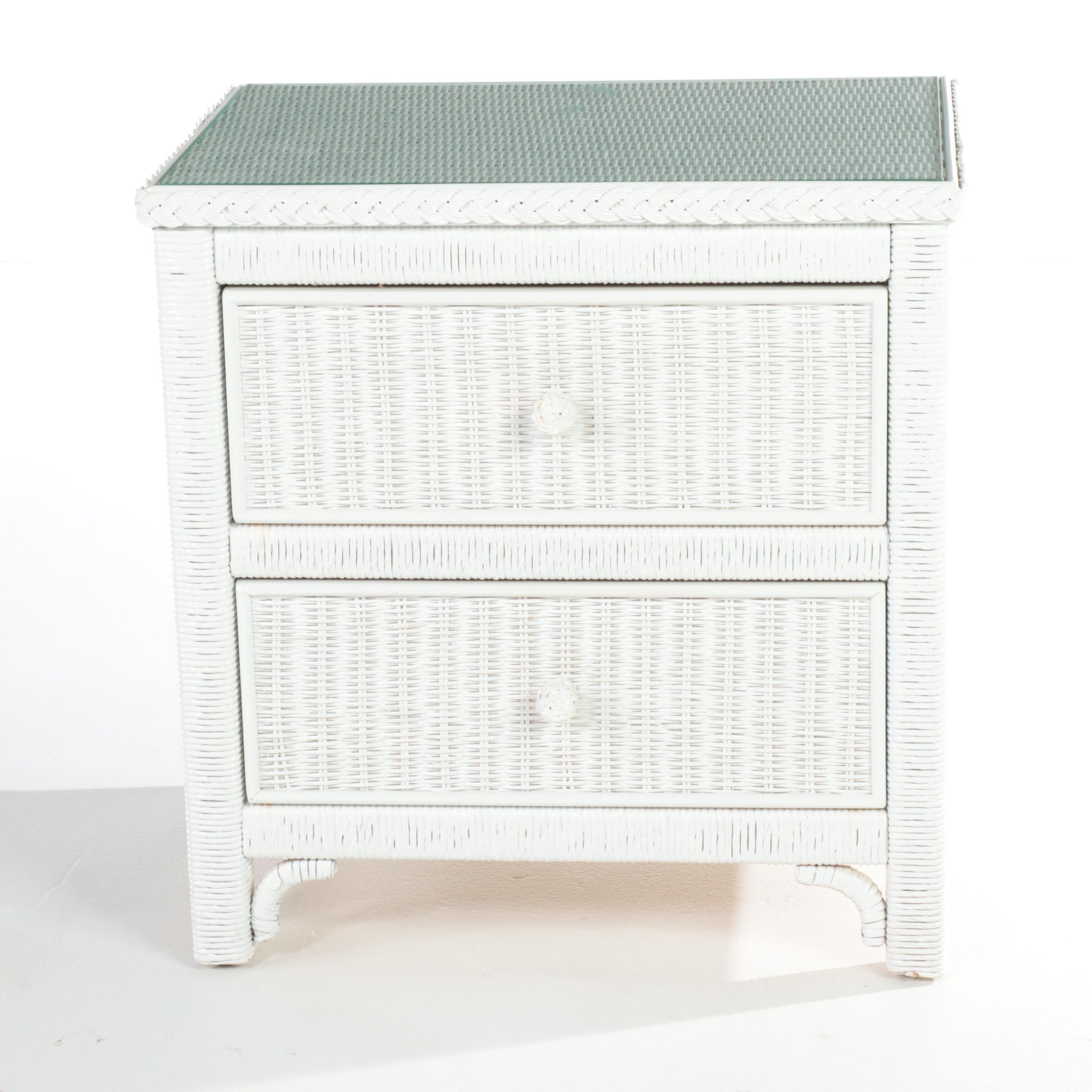 Two Lexington/Henry Link White-Painted Wicker Twin Headboards and Nightstand